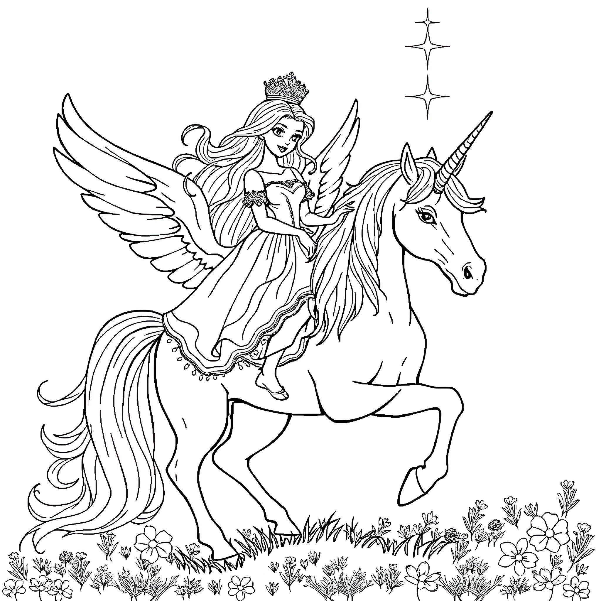 Princess Riding a Magical Unicorn in a Floral Field Coloring Page (free black-and-white line drawing printable PDF for all, from beginners to advanced learners, including children, teens, adults, and seniors)