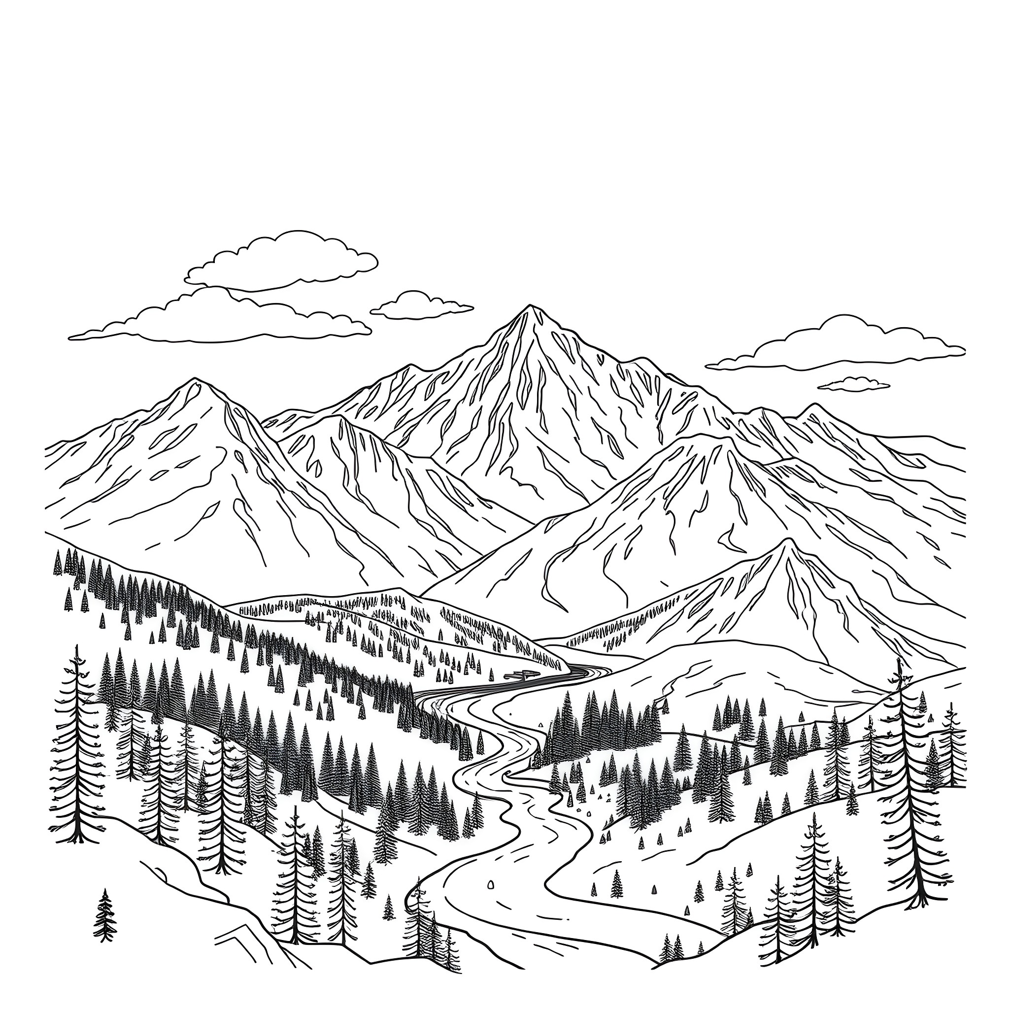 Place with Majestic Mountains and Winding Road Coloring Page (free black-and-white line drawing printable PDF for all, from beginners to advanced learners, including children, teens, adults, and seniors)