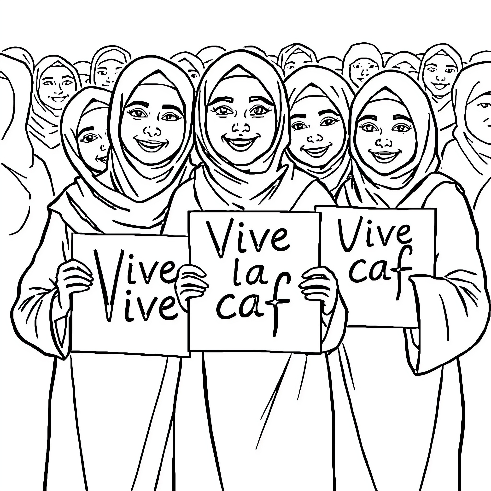 Maman's group of diverse women advocate for unity Coloring Page (free black-and-white line drawing printable PDF for all, from beginners to advanced learners, including children, teens, adults, and seniors)