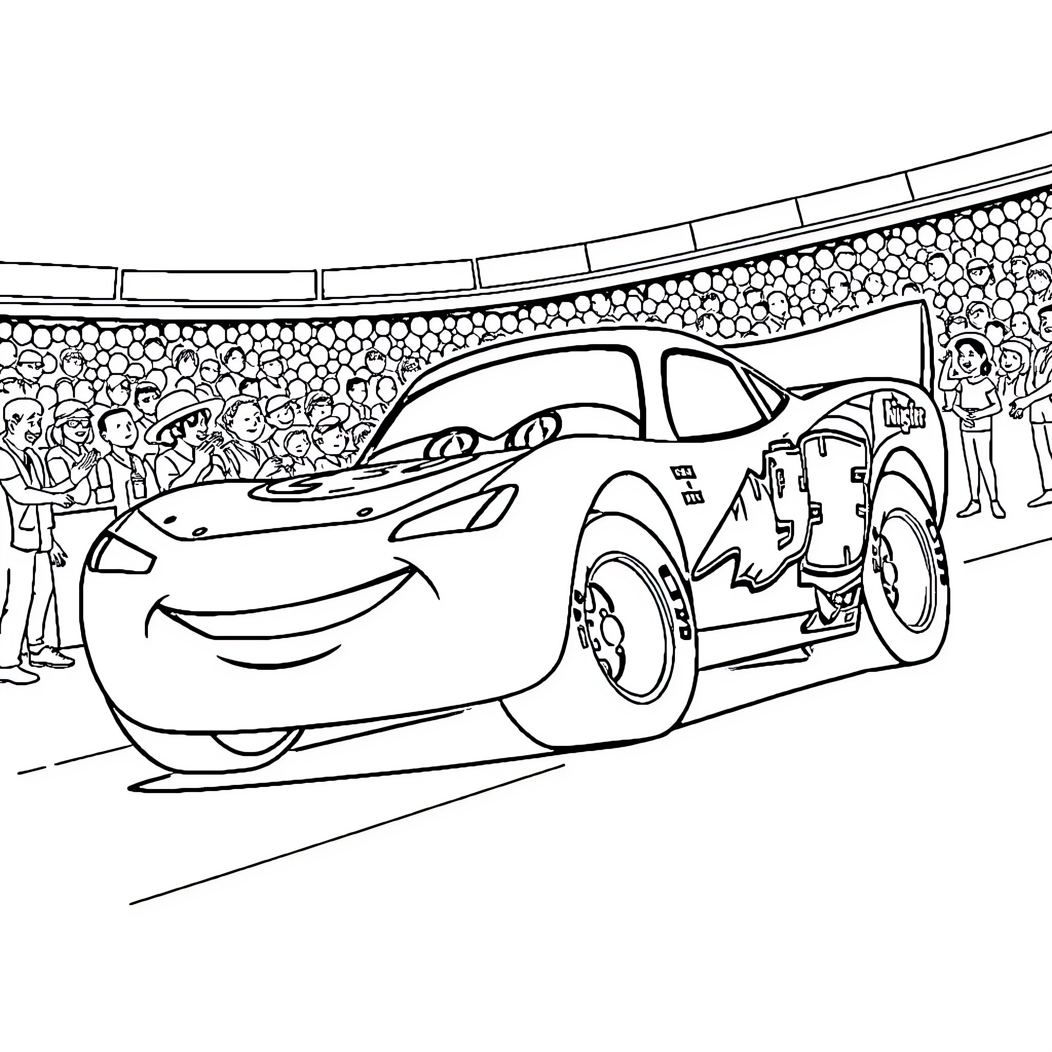 El Rayo MacQueen racing in a crowded stadium Coloring Page (free black-and-white line drawing printable PDF for all, from beginners to advanced learners, including children, teens, adults, and seniors)