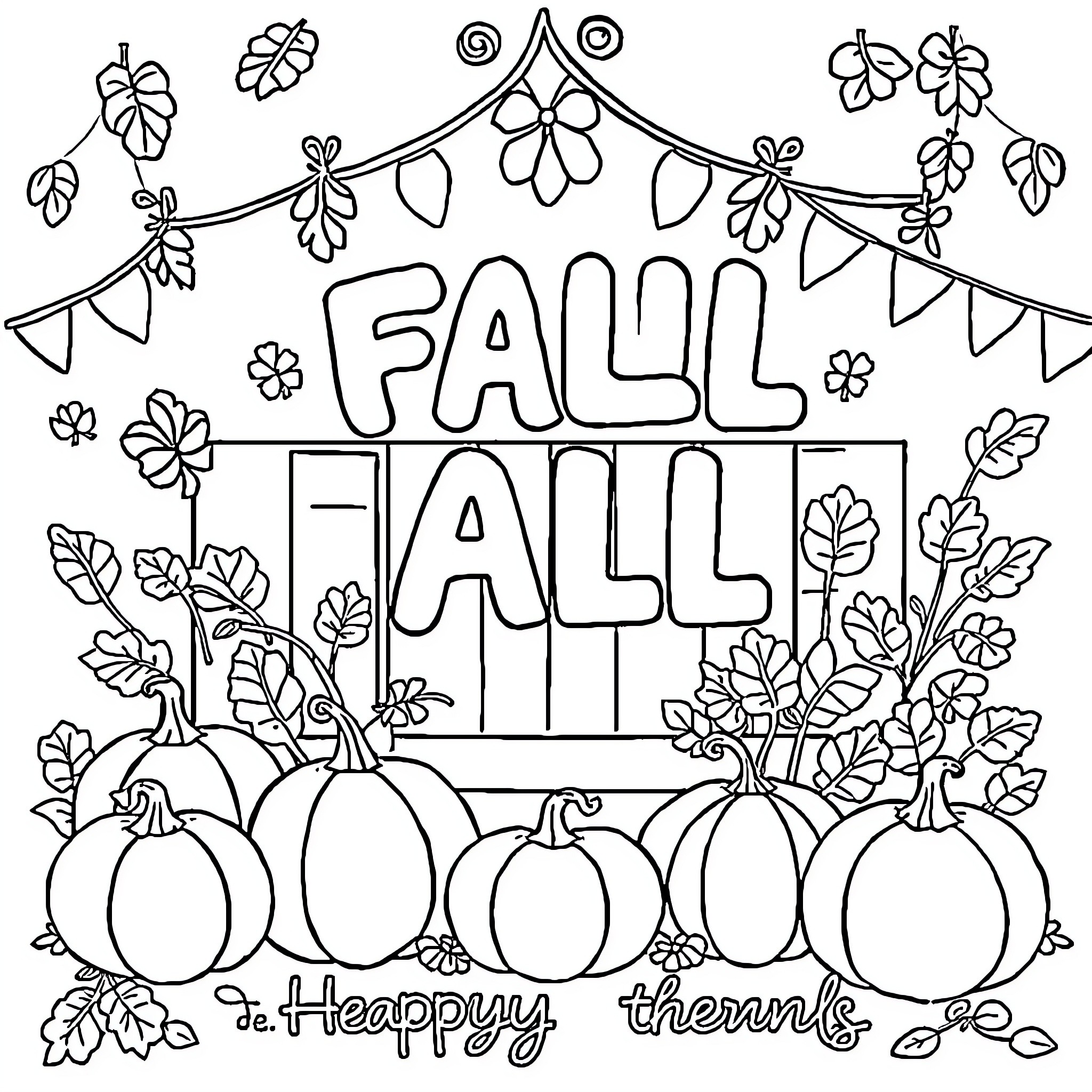 Fall Celebration with Pumpkins and Flowers Coloring Page (free black-and-white line drawing printable PDF for all, from beginners to advanced learners, including children, teens, adults, and seniors)