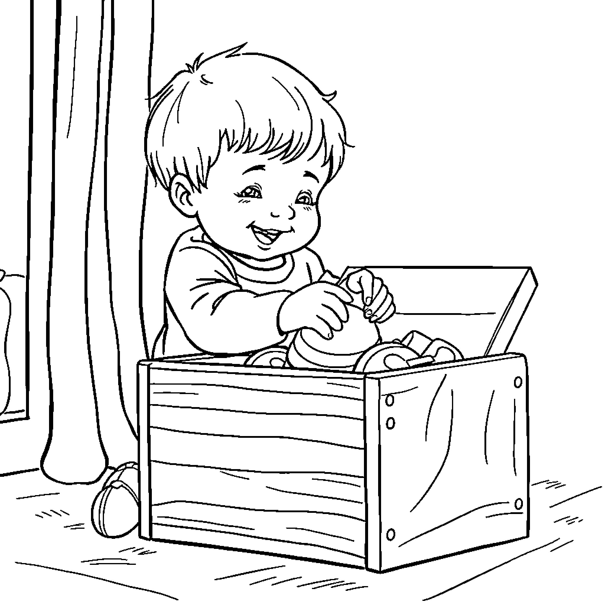 Child playing happily with toys in the box Coloring Page (free black-and-white line drawing printable PDF for all, from beginners to advanced learners, including children, teens, adults, and seniors)