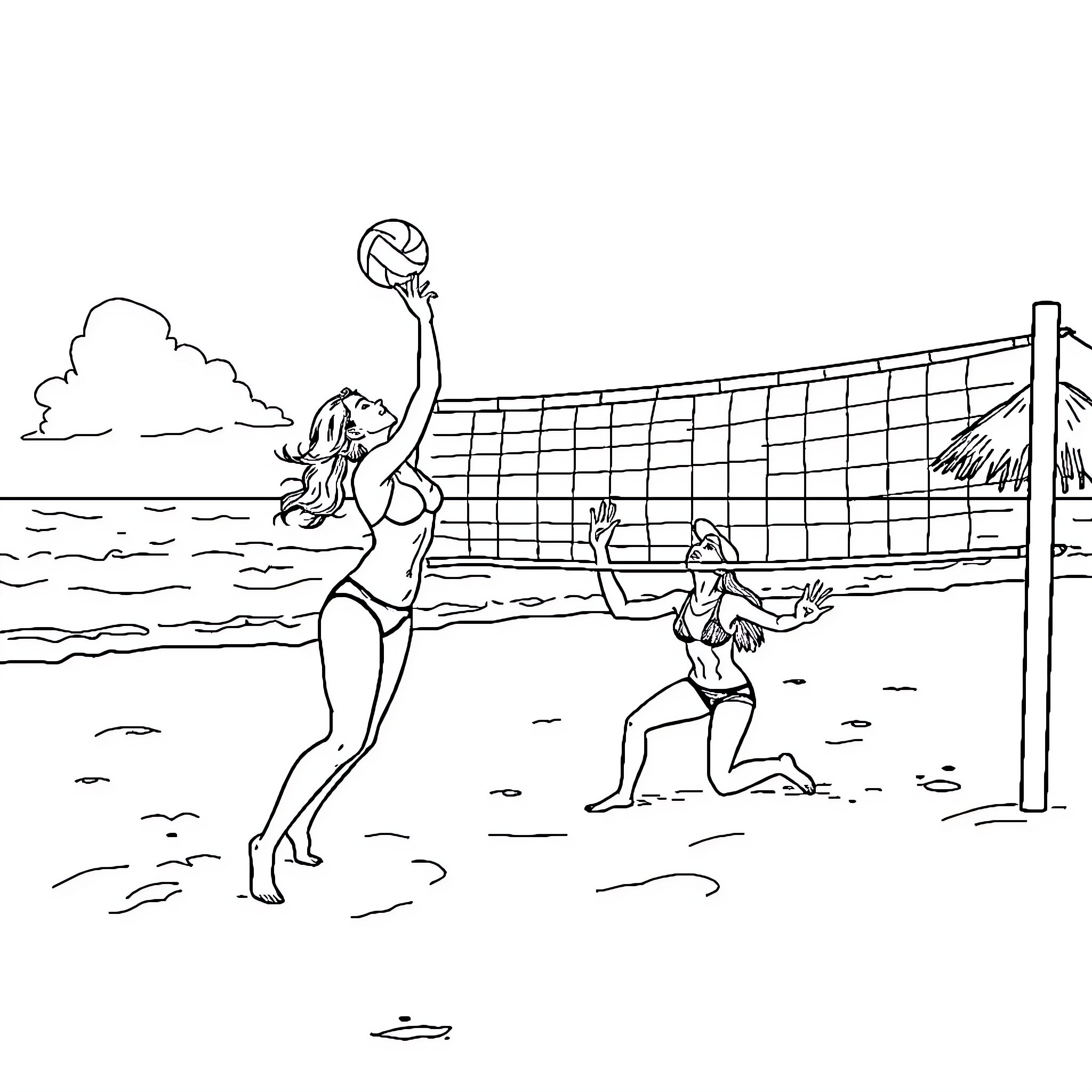 Wednesday beach volleyball game with friends Coloring Page (free black-and-white line drawing printable PDF for all, from beginners to advanced learners, including children, teens, adults, and seniors)