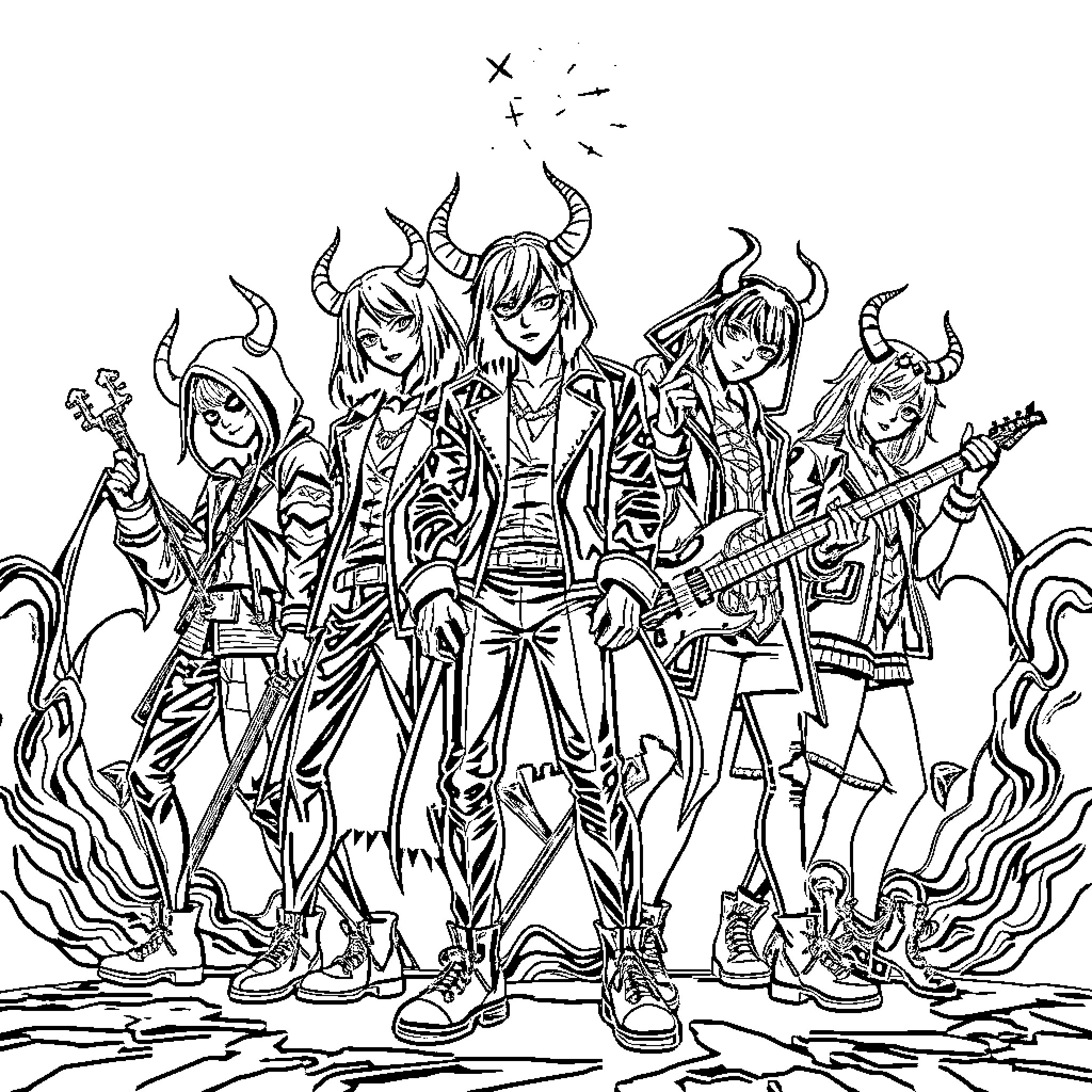 Demon Hunter Group Wielding Weapons and Surrounded by Flames Coloring Page (free black-and-white line drawing printable PDF for all, from beginners to advanced learners, including children, teens, adults, and seniors)