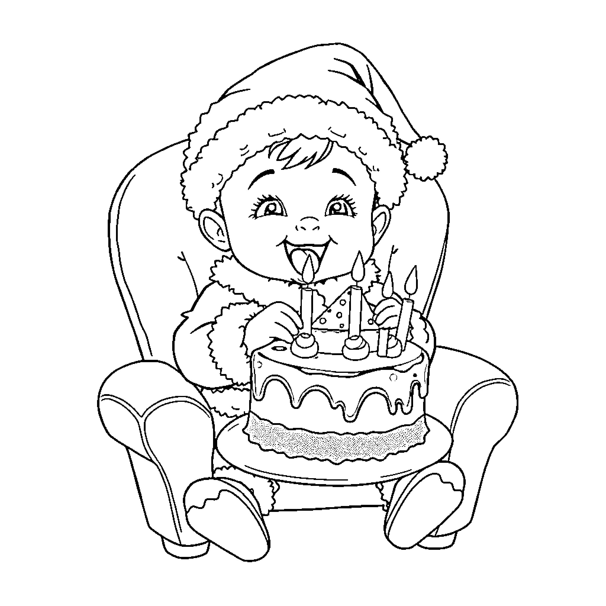 Baby celebrating birthday with cake and smile Coloring Page (free black-and-white line drawing printable PDF for all, from beginners to advanced learners, including children, teens, adults, and seniors)