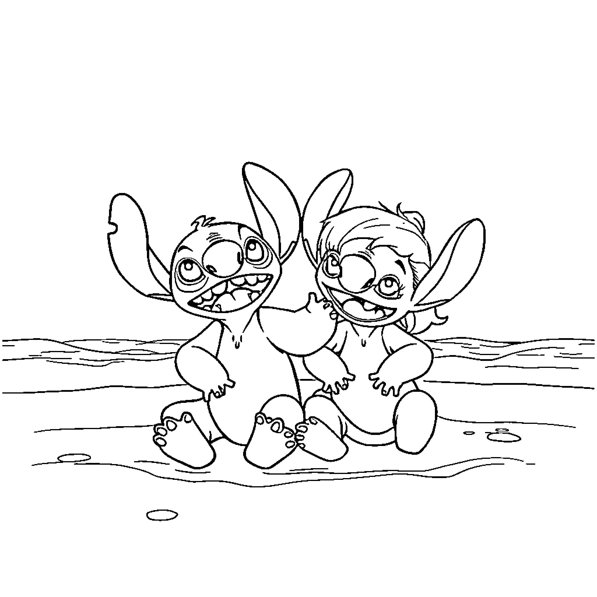 Lilo And Stitch Enjoying Beach Adventure Coloring Page (free black-and-white line drawing printable PDF for all, from beginners to advanced learners, including children, teens, adults, and seniors)
