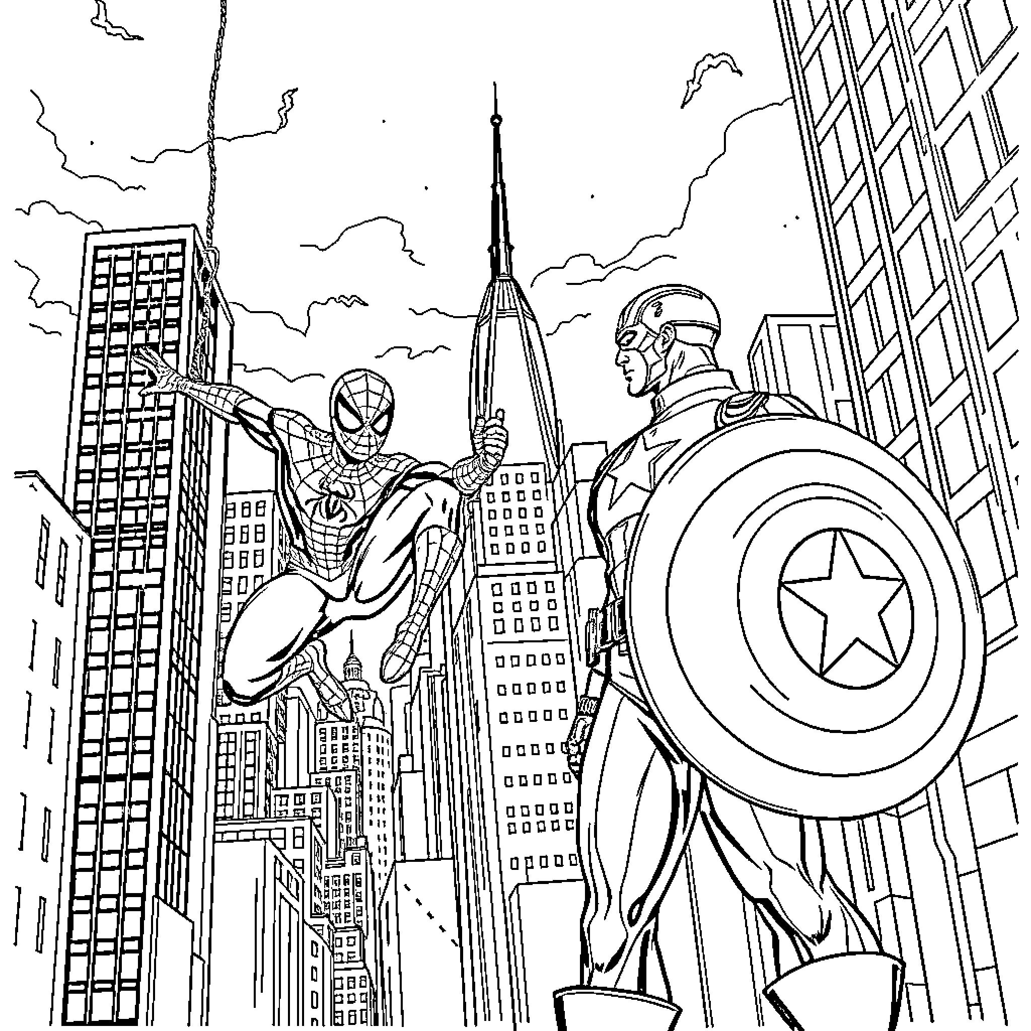 Spiderman and Captain America saving the city Coloring Page (free black-and-white line drawing printable PDF for all, from beginners to advanced learners, including children, teens, adults, and seniors)