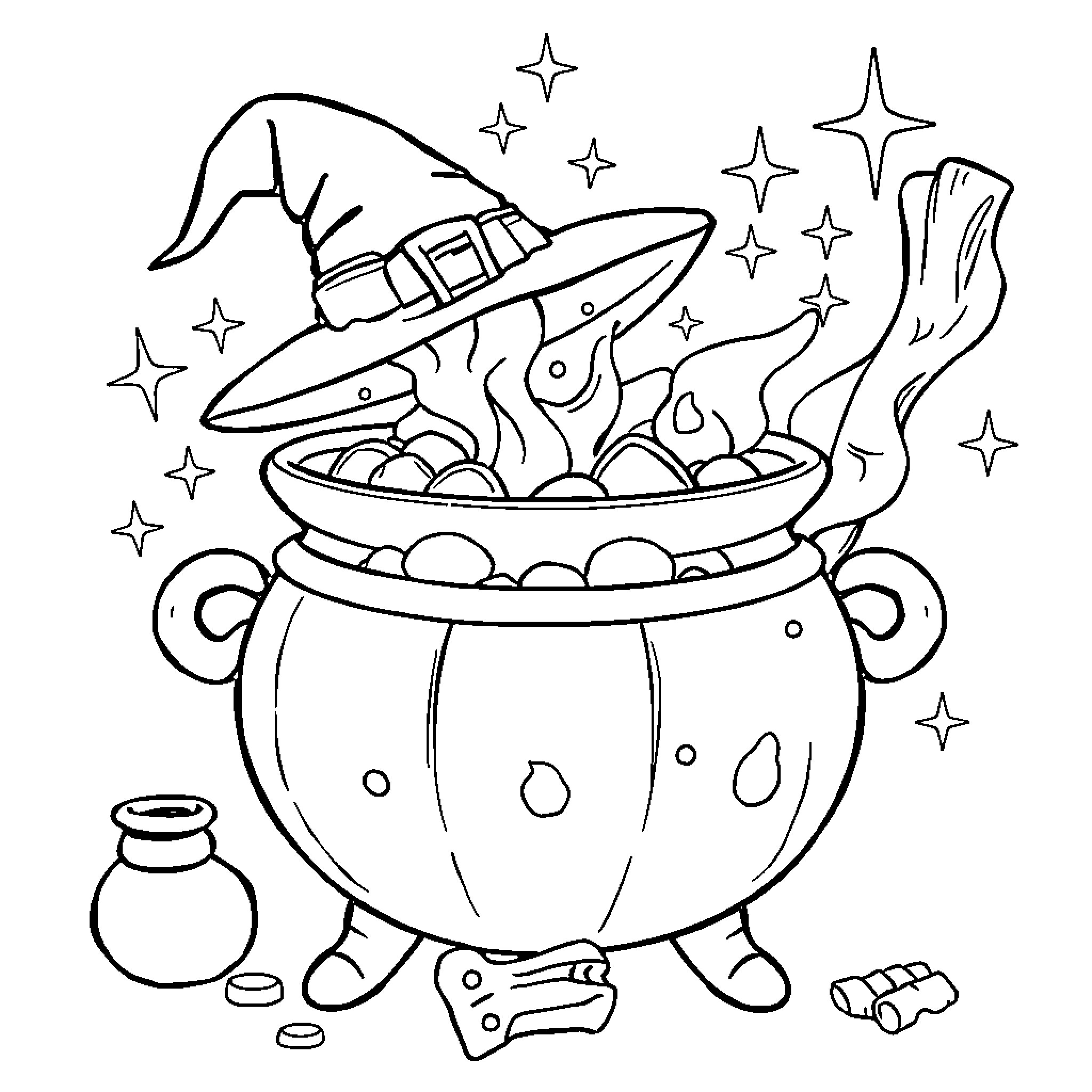 Cauldron of Magical Mysteries Coloring Page (free black-and-white line drawing printable PDF for all, from beginners to advanced learners, including children, teens, adults, and seniors)