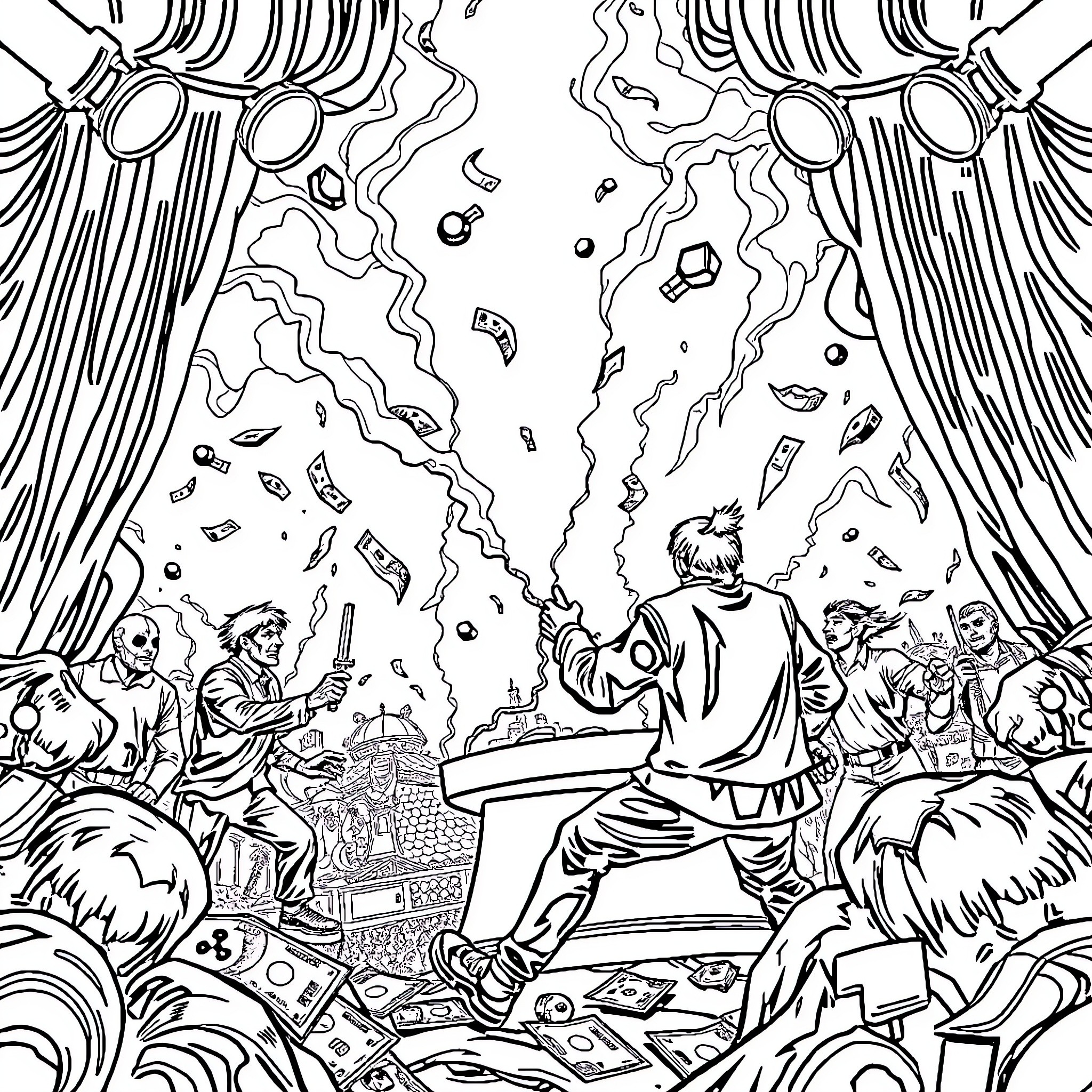 Squid Game: Intense Competition and Dramatic Scenes Coloring Page (free black-and-white line drawing printable PDF for all, from beginners to advanced learners, including children, teens, adults, and seniors)