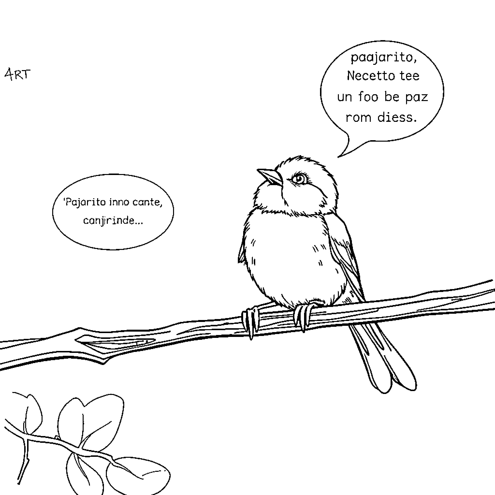 Bird speaking thoughtfully on a branch Coloring Page (free black-and-white line drawing printable PDF for all, from beginners to advanced learners, including children, teens, adults, and seniors)