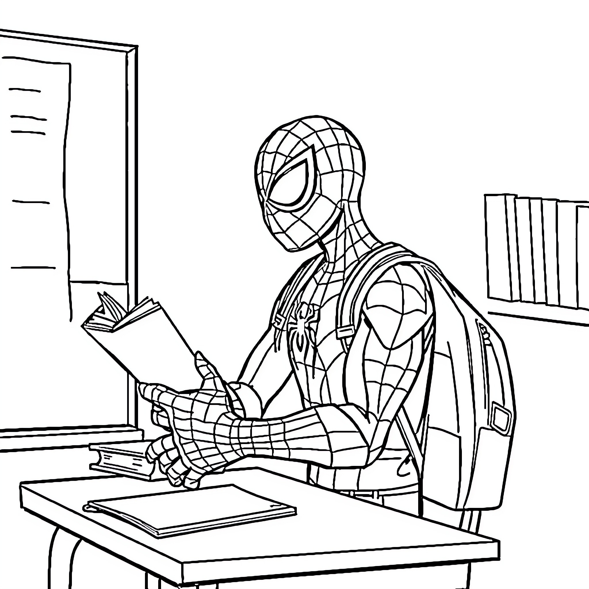 Spiderman studying diligently at a desk Coloring Page (free black-and-white line drawing printable PDF for all, from beginners to advanced learners, including children, teens, adults, and seniors)