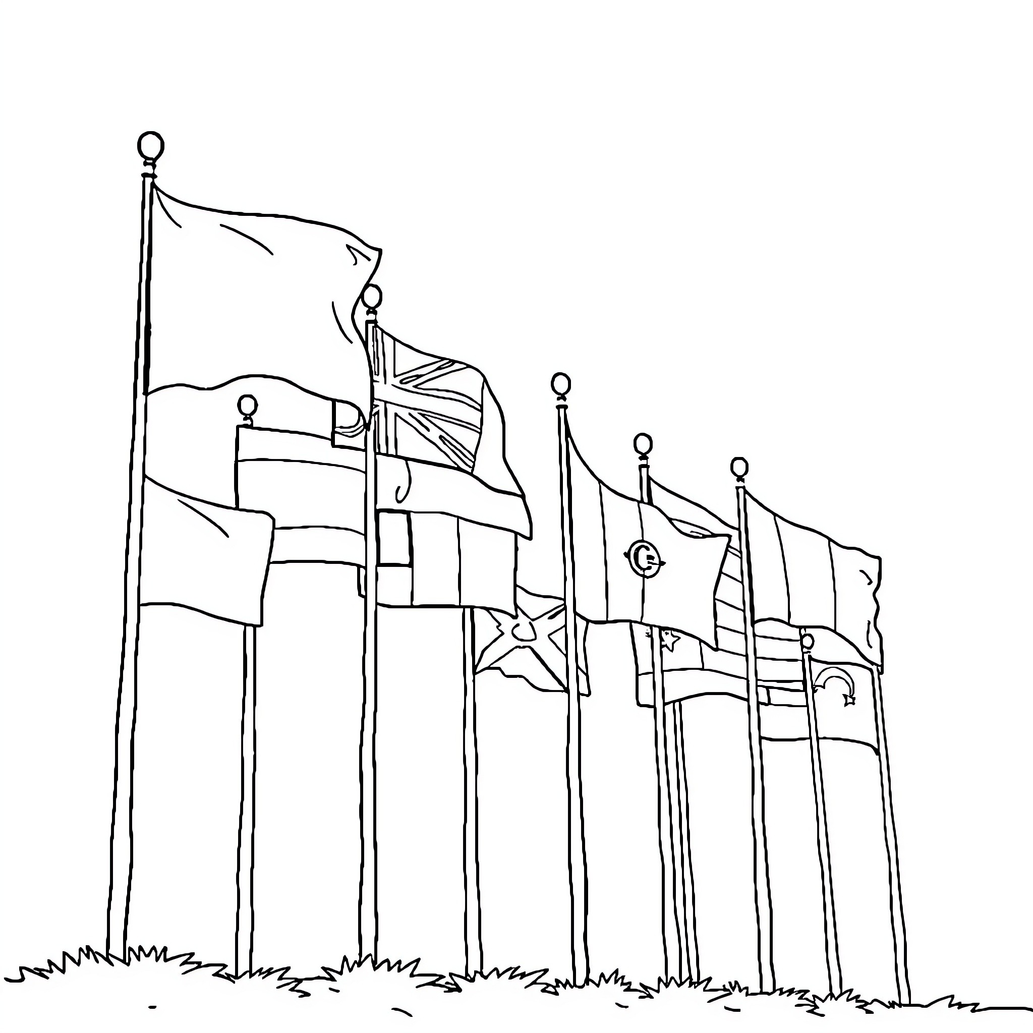 Flag display of various nations Coloring Page (free black-and-white line drawing printable PDF for all, from beginners to advanced learners, including children, teens, adults, and seniors)