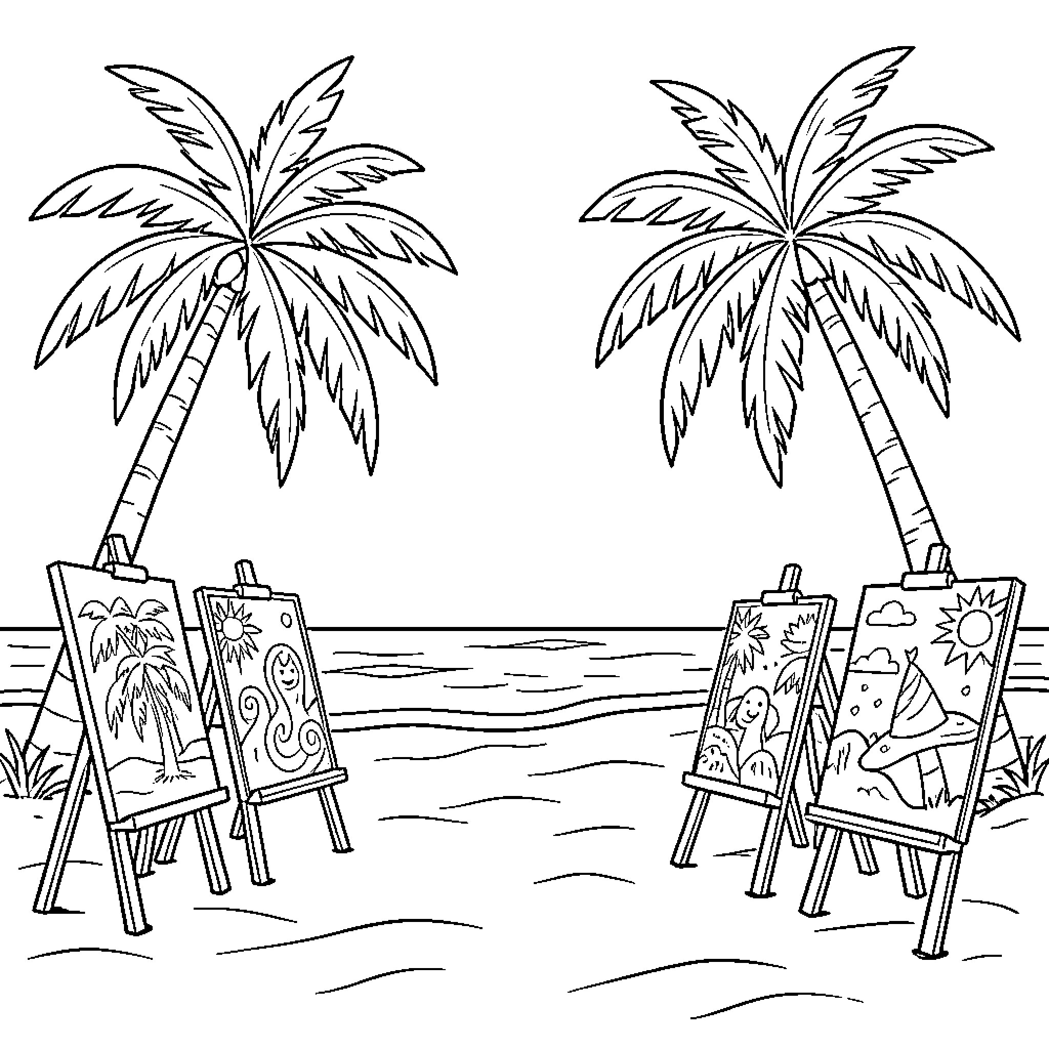 Palm Tree Artists on the Beach Coloring Page (free black-and-white line drawing printable PDF for all, from beginners to advanced learners, including children, teens, adults, and seniors)