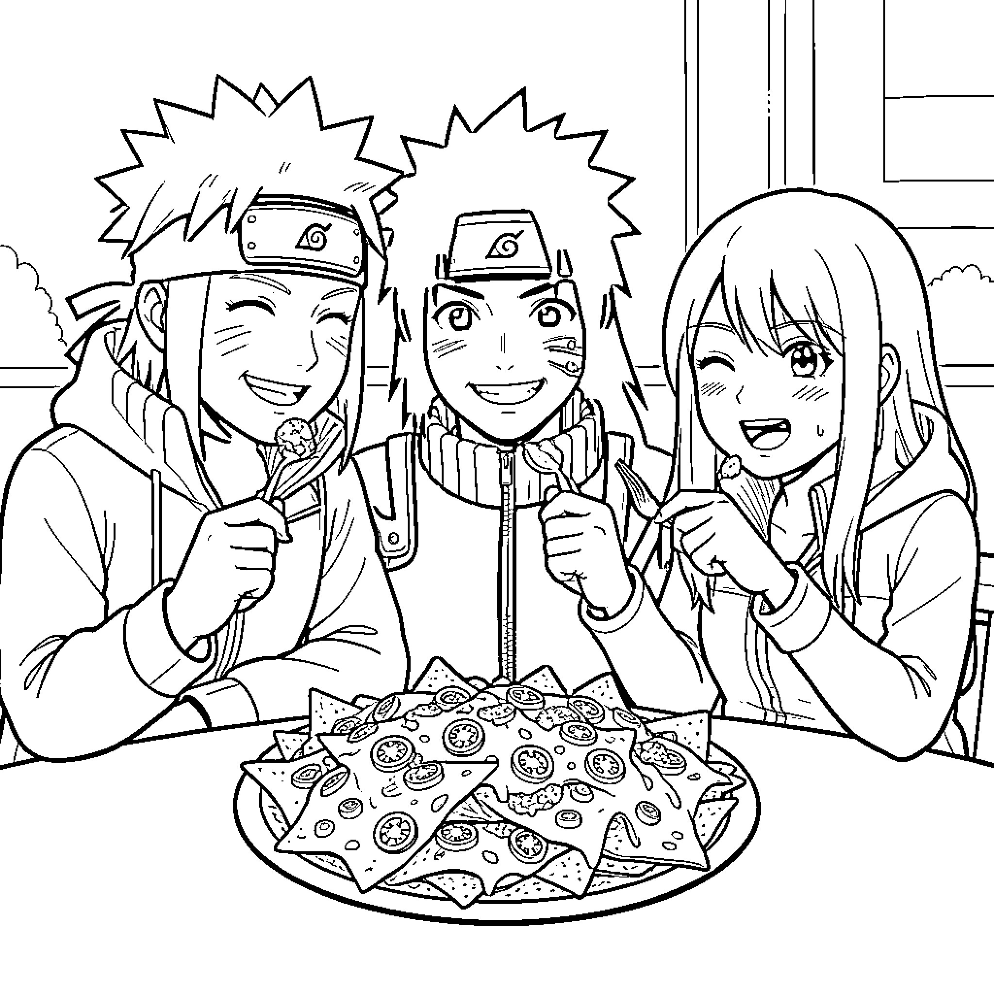 Naruto Characters Enjoying a Festive Meal Together Coloring Page (free black-and-white line drawing printable PDF for all, from beginners to advanced learners, including children, teens, adults, and seniors)