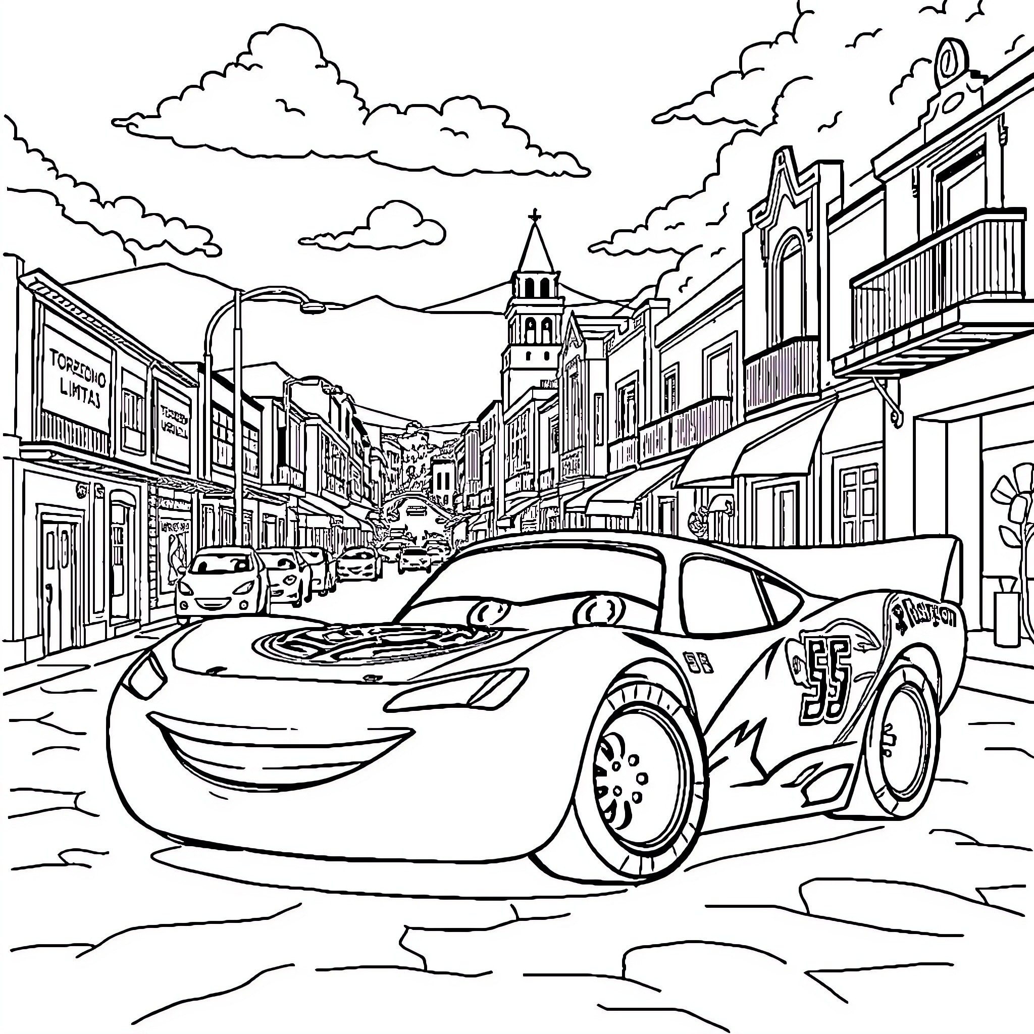 McQueen racing through the lively town Coloring Page (free black-and-white line drawing printable PDF for all, from beginners to advanced learners, including children, teens, adults, and seniors)