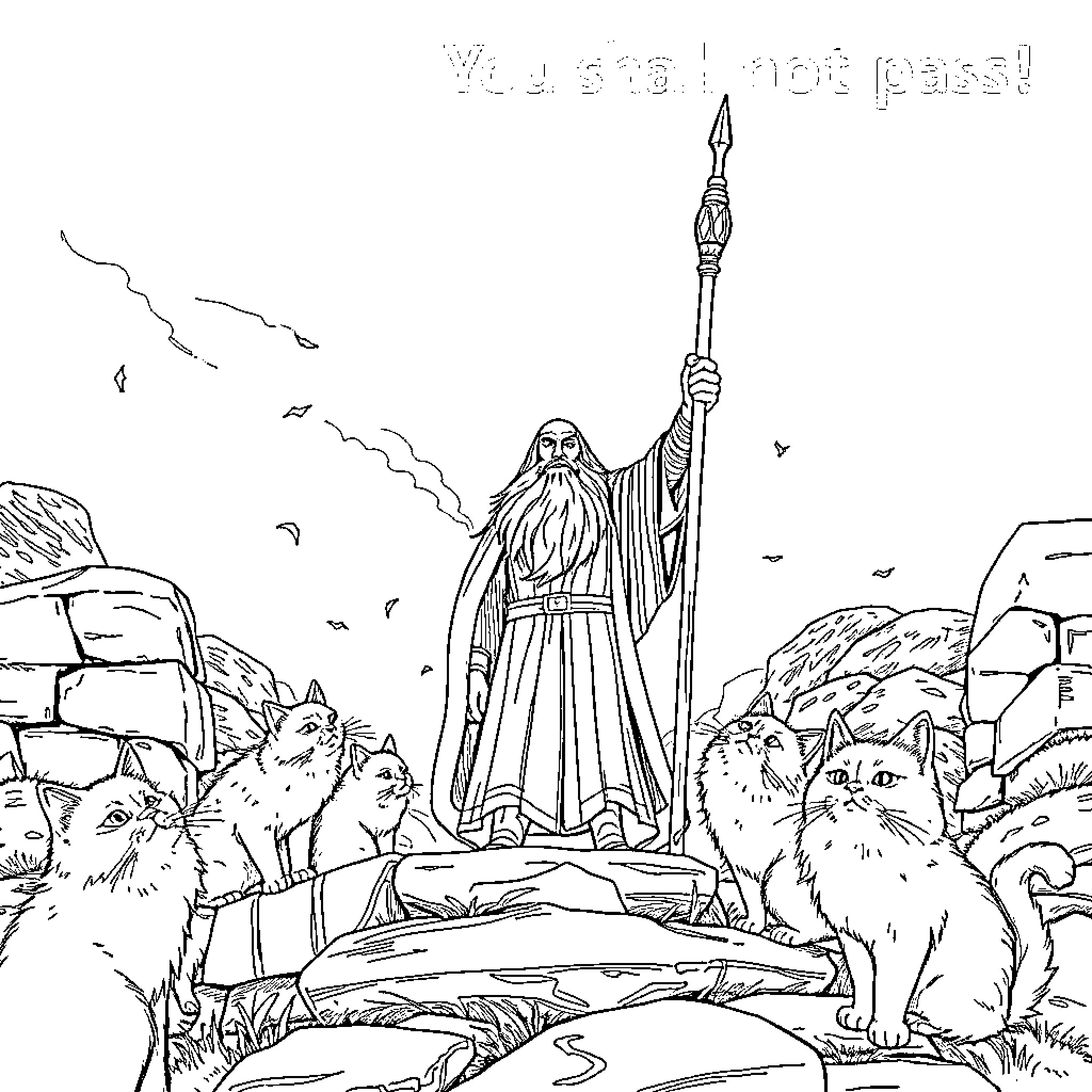 Cat wizard with staff surrounded by cats Coloring Page (free black-and-white line drawing printable PDF for all, from beginners to advanced learners, including children, teens, adults, and seniors)