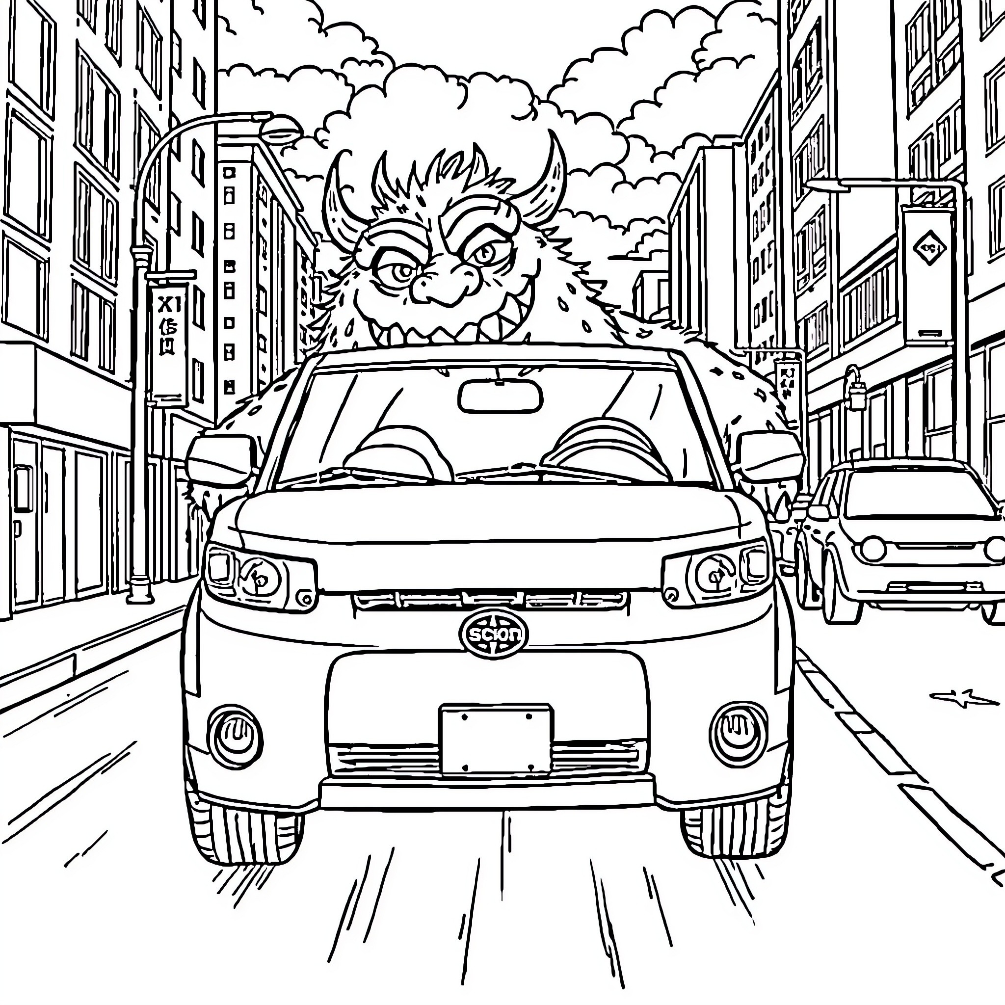 Monster driving a car through the city Coloring Page (free black-and-white line drawing printable PDF for all, from beginners to advanced learners, including children, teens, adults, and seniors)