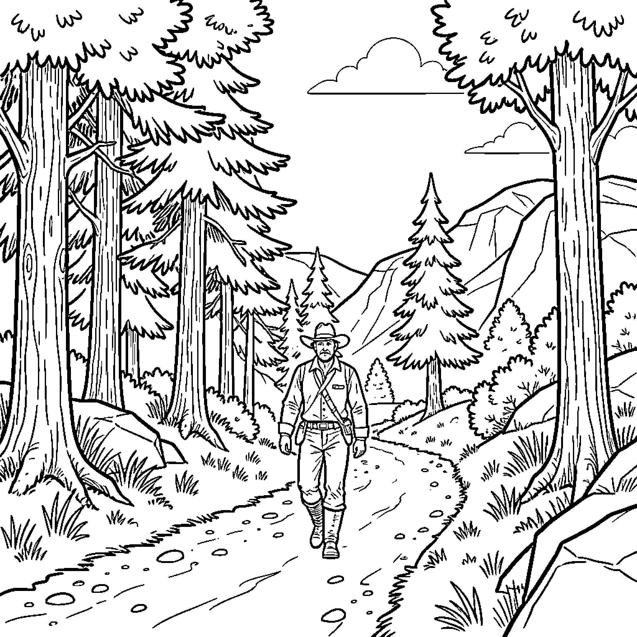 Daniel Boone walking along a path through the forest Coloring Page (free black-and-white line drawing printable PDF for all, from beginners to advanced learners, including children, teens, adults, and seniors)