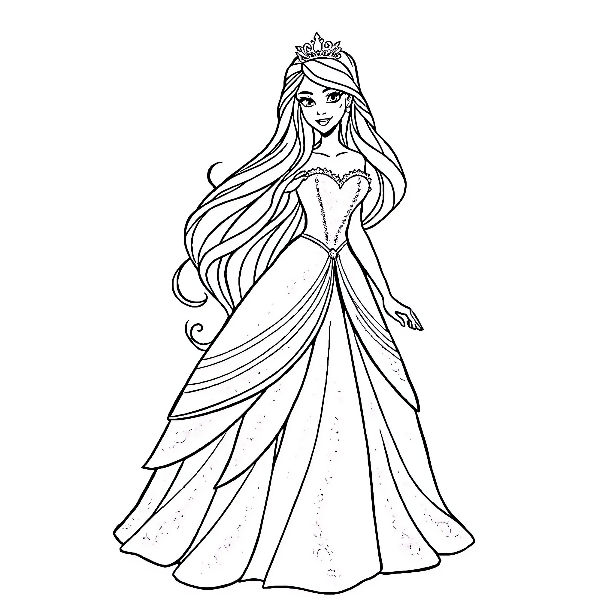 Princess in a Flowing Gown with Elegant Tiara Coloring Page (free black-and-white line drawing printable PDF for all, from beginners to advanced learners, including children, teens, adults, and seniors)