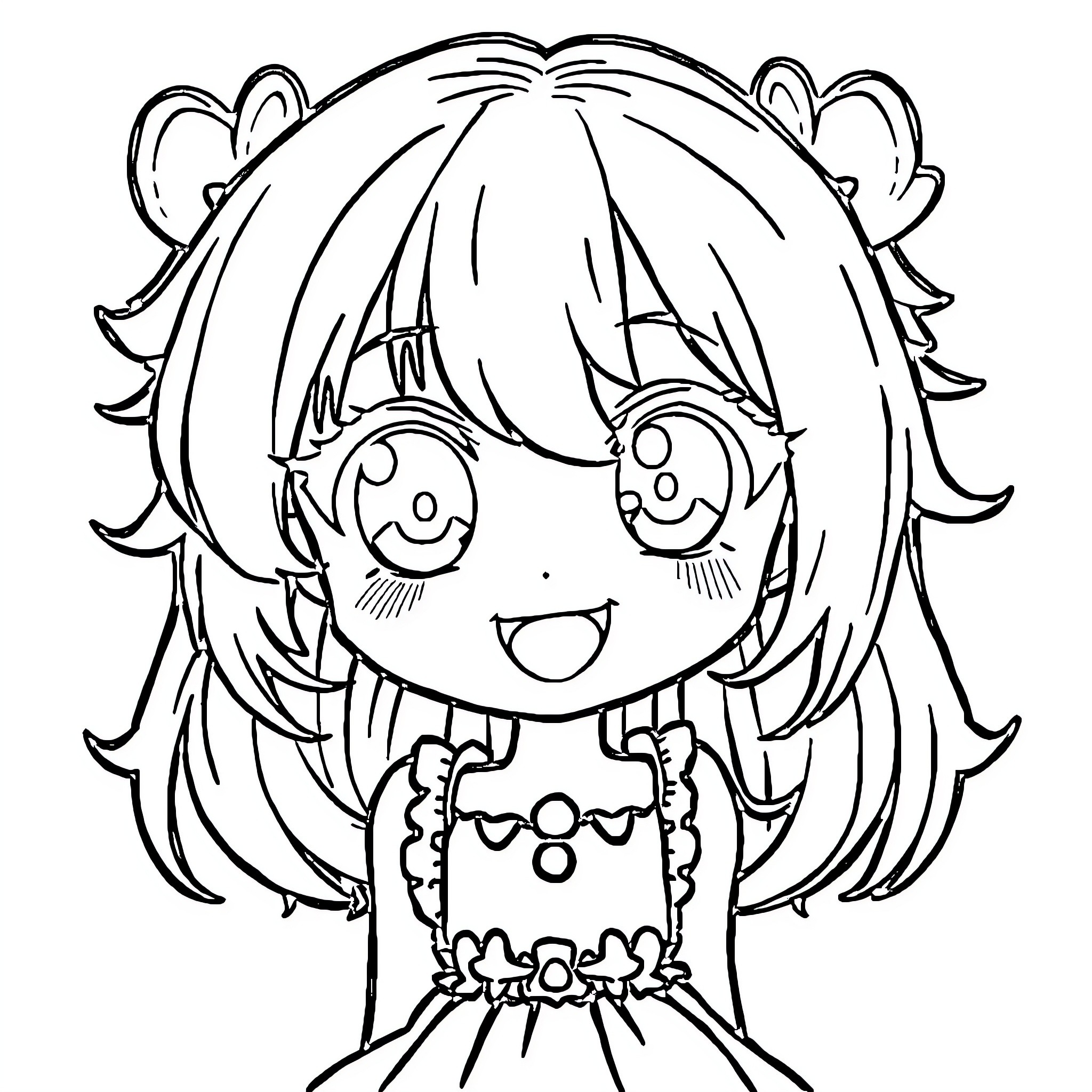 Anime Girl Happily Smiling with Decorative Accessories Coloring Page (free black-and-white line drawing printable PDF for all, from beginners to advanced learners, including children, teens, adults, and seniors)