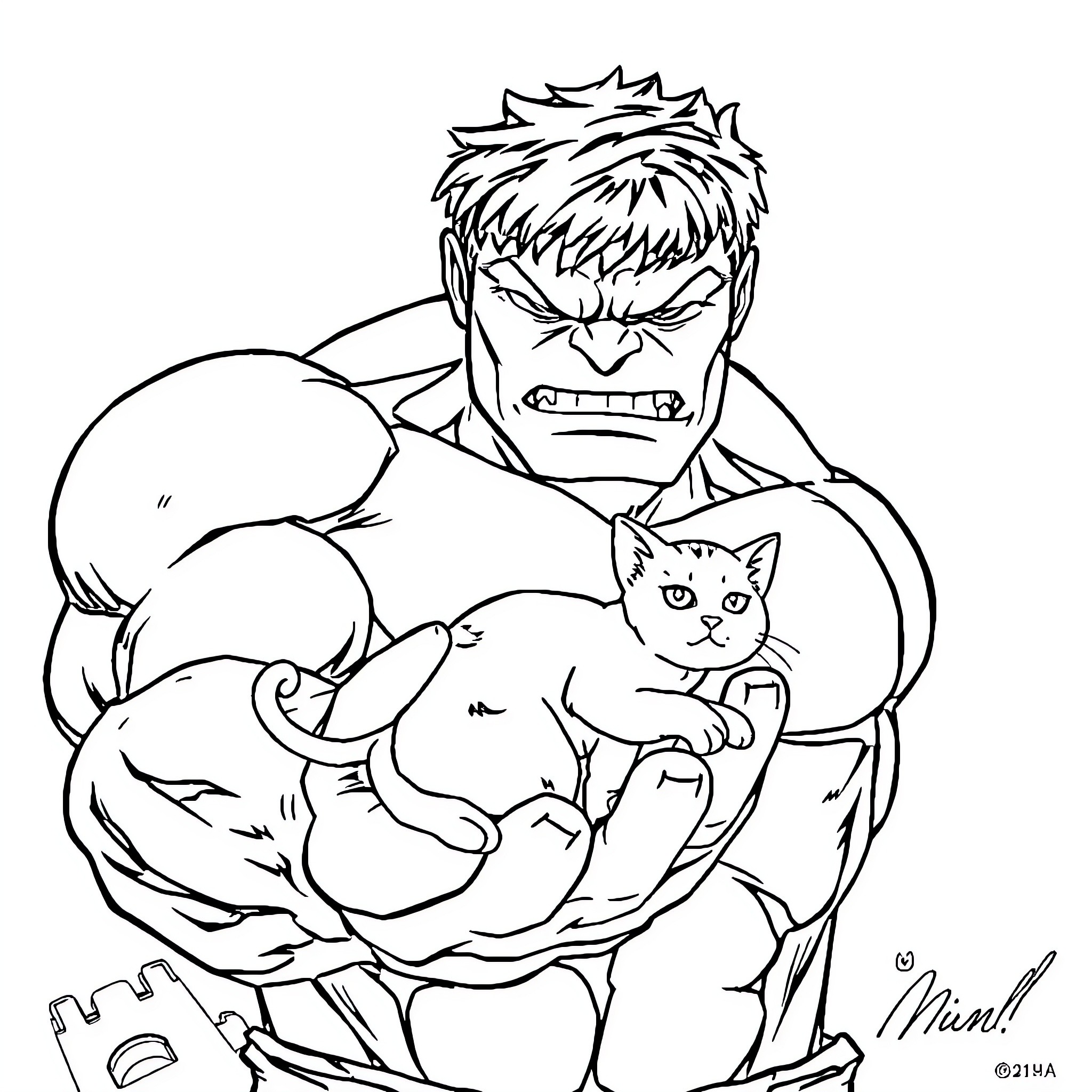Hulk Embracing a Kitten Tenderly Coloring Page (free black-and-white line drawing printable PDF for all, from beginners to advanced learners, including children, teens, adults, and seniors)
