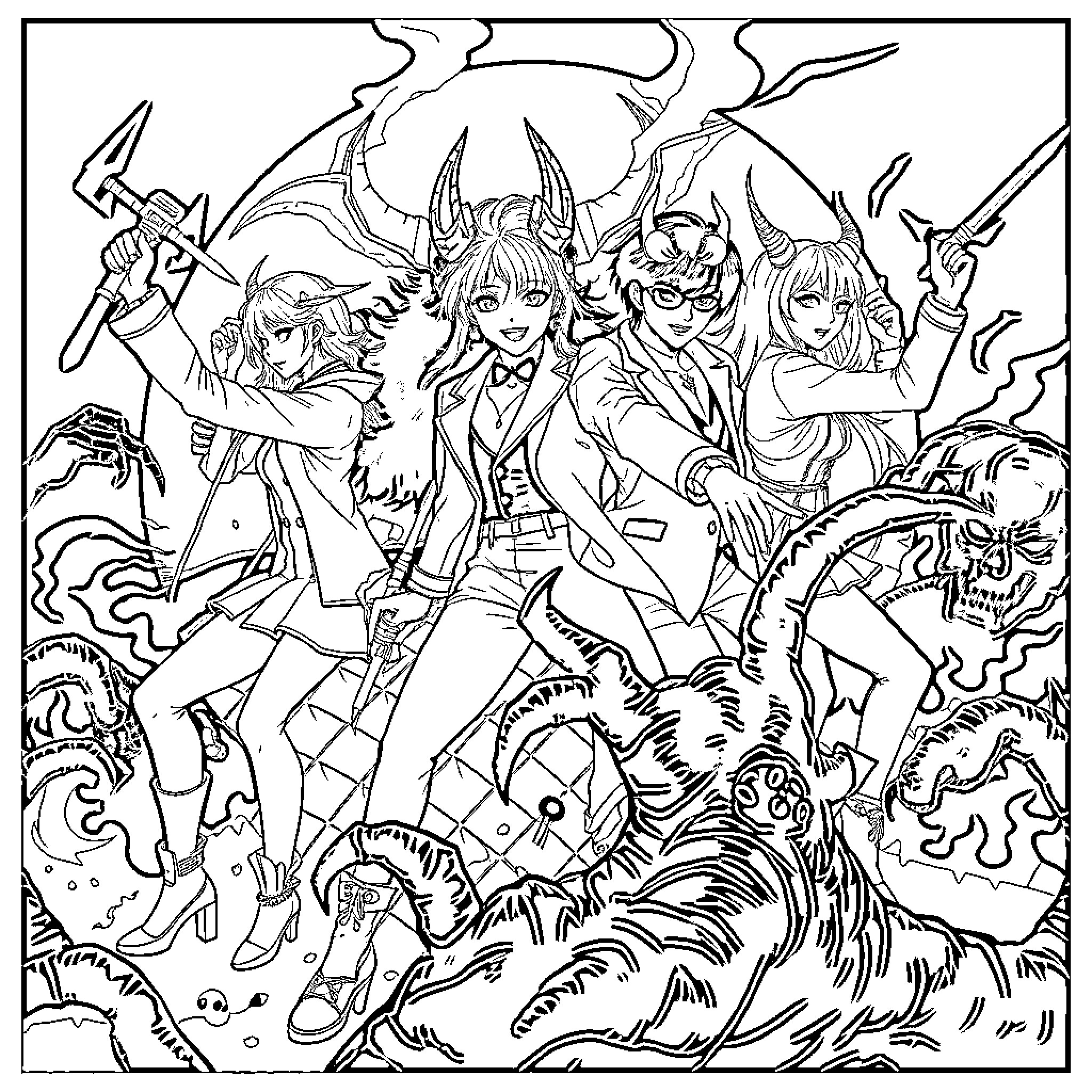 Demon Hunter Heroines Battling Fierce Monsters Coloring Page (free black-and-white line drawing printable PDF for all, from beginners to advanced learners, including children, teens, adults, and seniors)