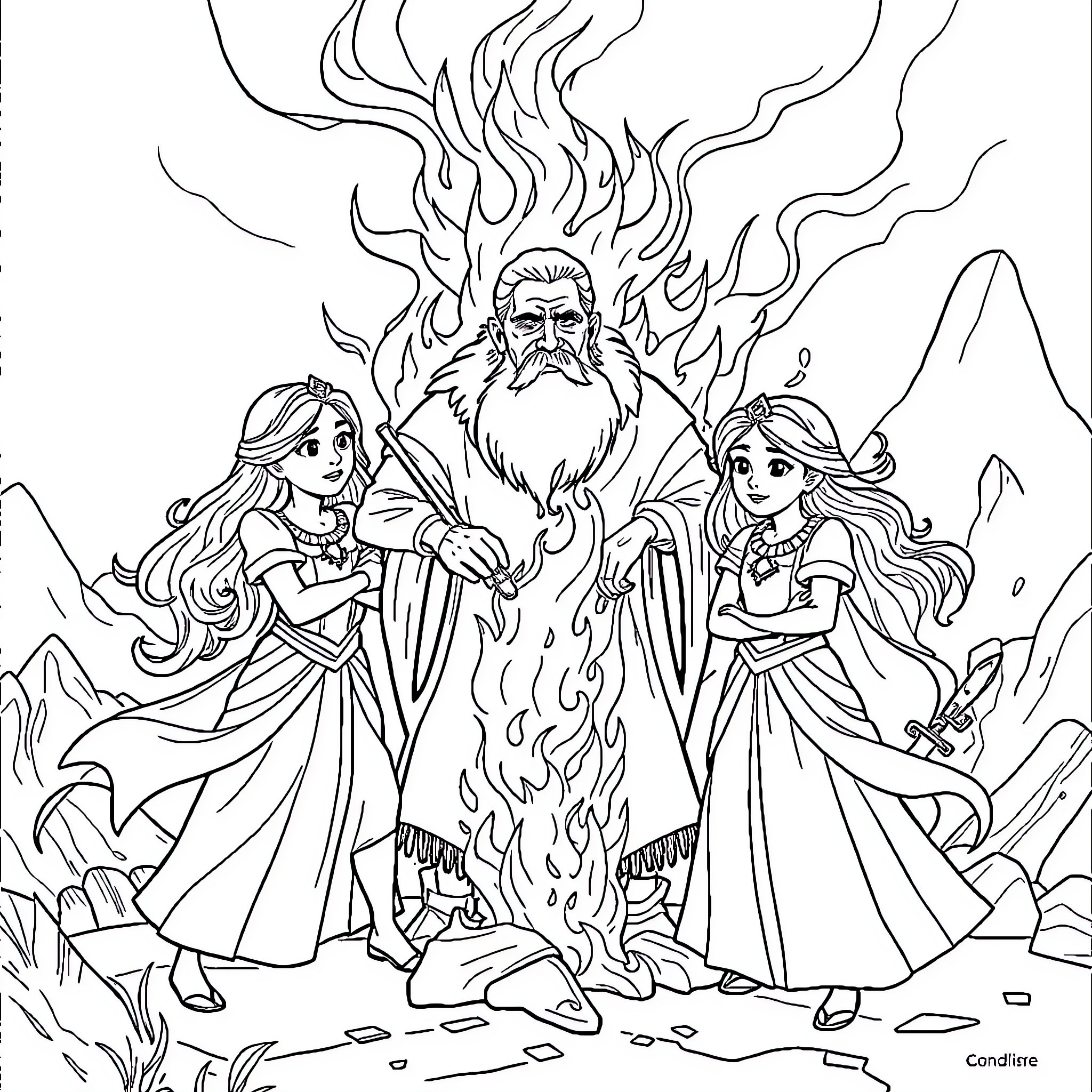 Princess, Wizard, and Warrior Maiden in Mystical Setting Coloring Page (free black-and-white line drawing printable PDF for all, from beginners to advanced learners, including children, teens, adults, and seniors)