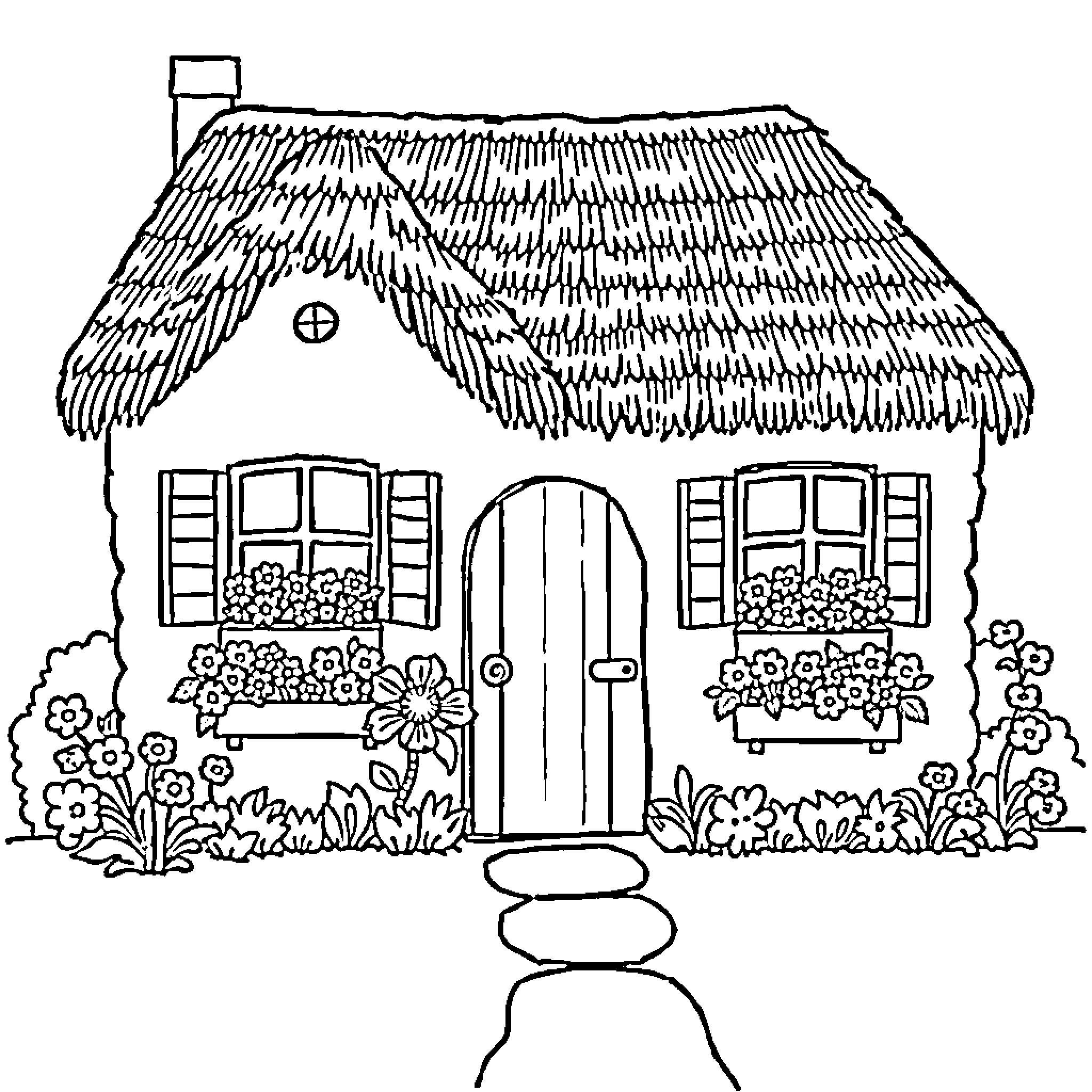 Cottage with thatched roof and flowers in the garden Coloring Page (free black-and-white line drawing printable PDF for all, from beginners to advanced learners, including children, teens, adults, and seniors)