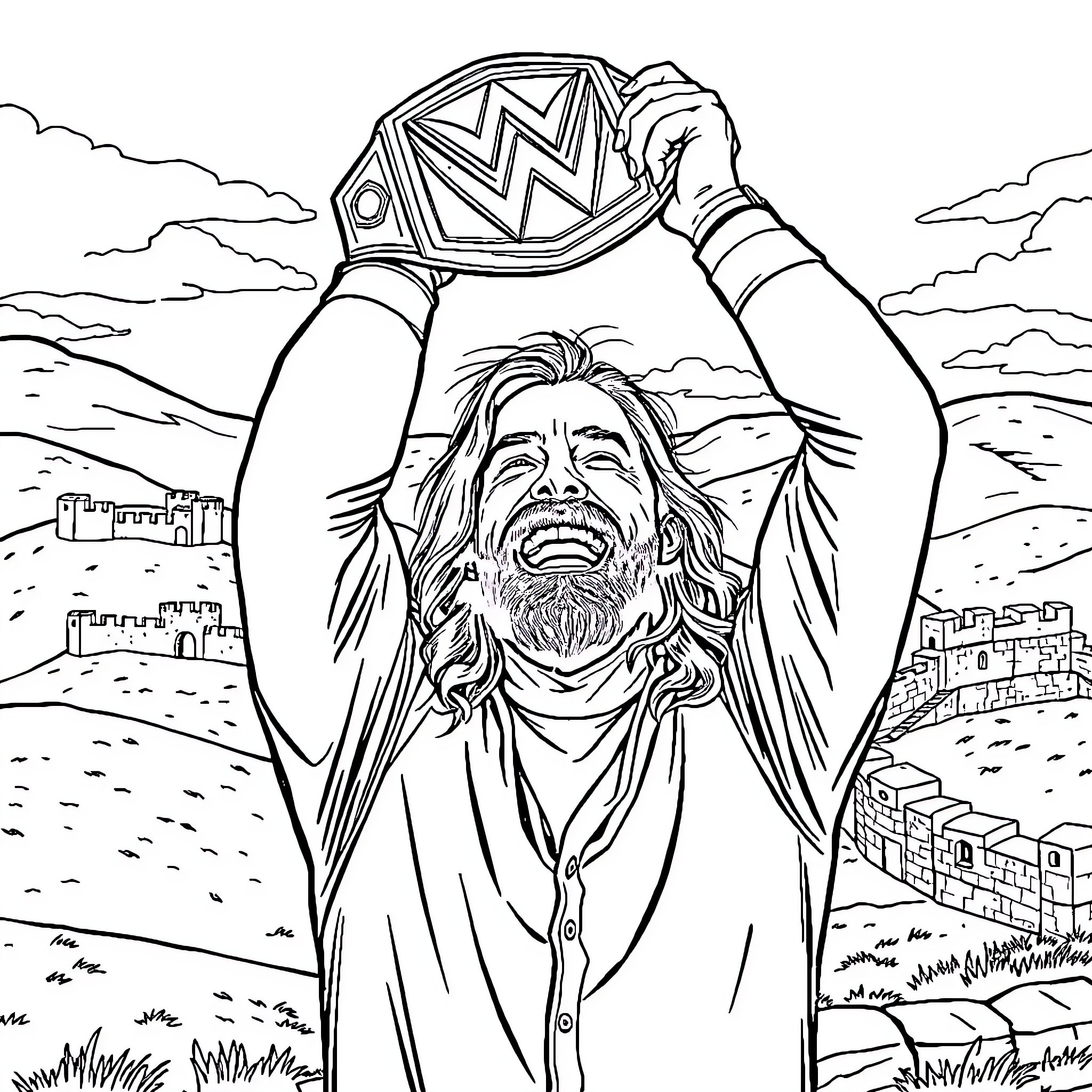 Dave Grohl celebrating victory with trophy in the desert Coloring Page (free black-and-white line drawing printable PDF for all, from beginners to advanced learners, including children, teens, adults, and seniors)