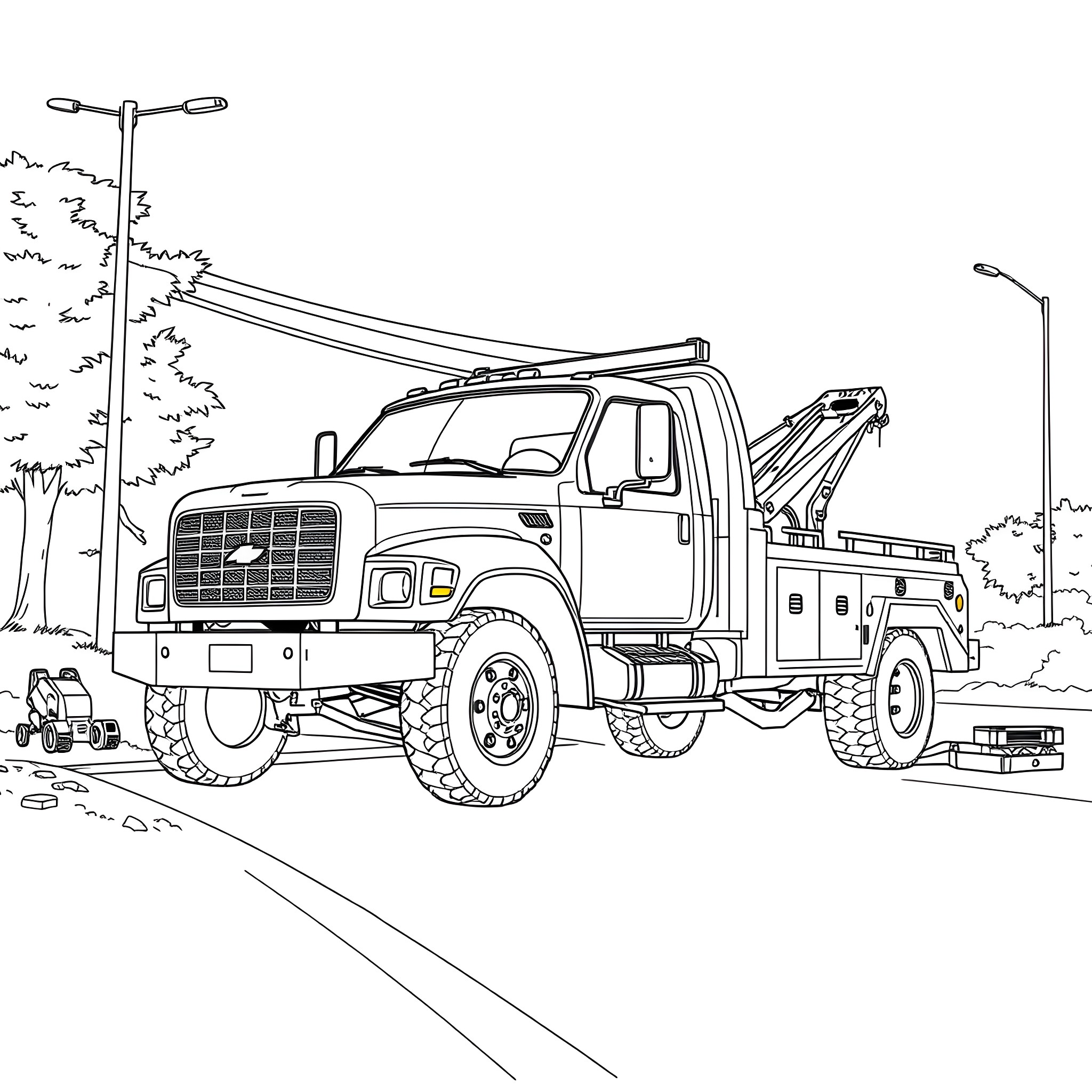 Wrecker Truck Assisting with Roadside Repairs Coloring Page (free black-and-white line drawing printable PDF for all, from beginners to advanced learners, including children, teens, adults, and seniors)