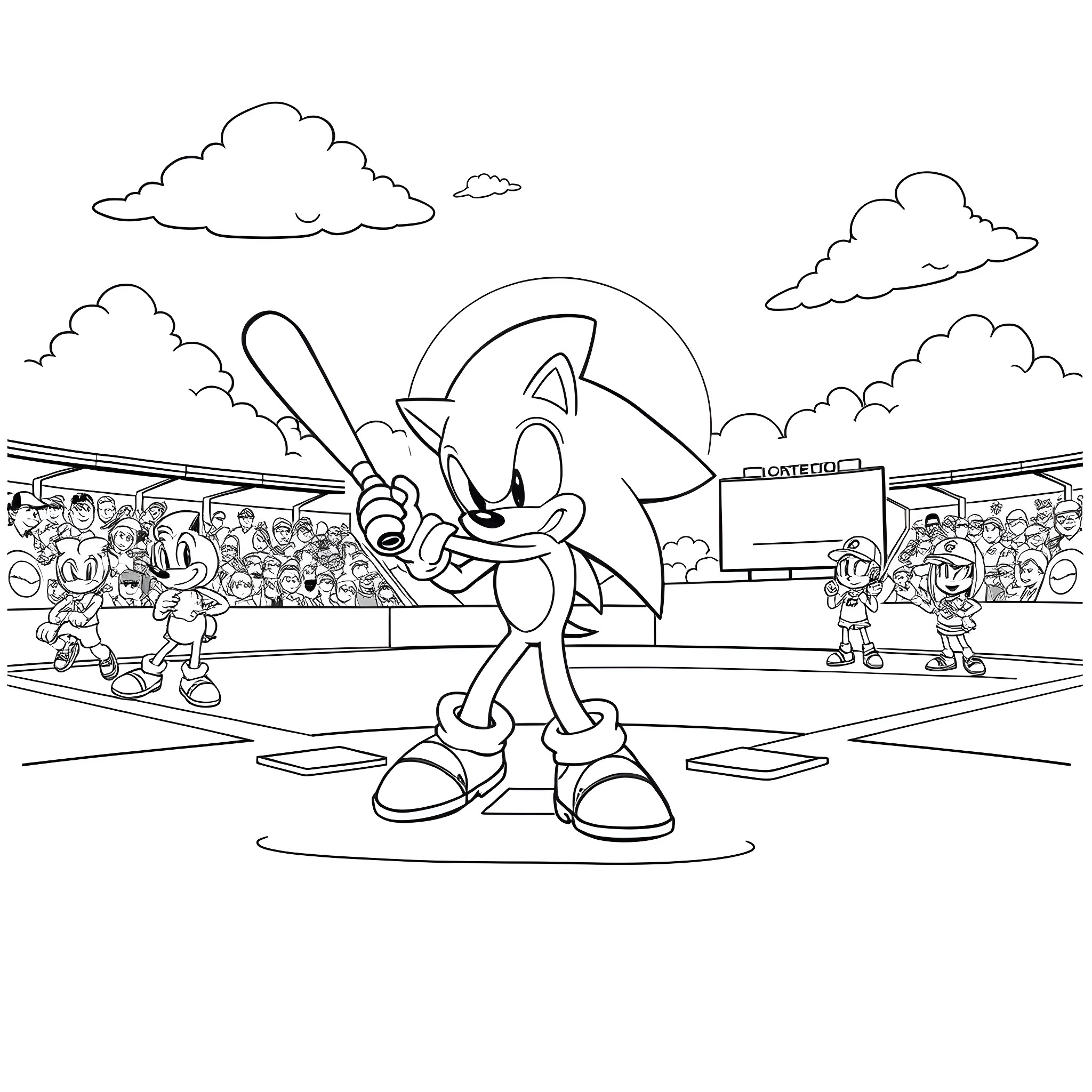 Sonic the Hedgehog playing baseball in sports stadium Coloring Page (free black-and-white line drawing printable PDF for all, from beginners to advanced learners, including children, teens, adults, and seniors)