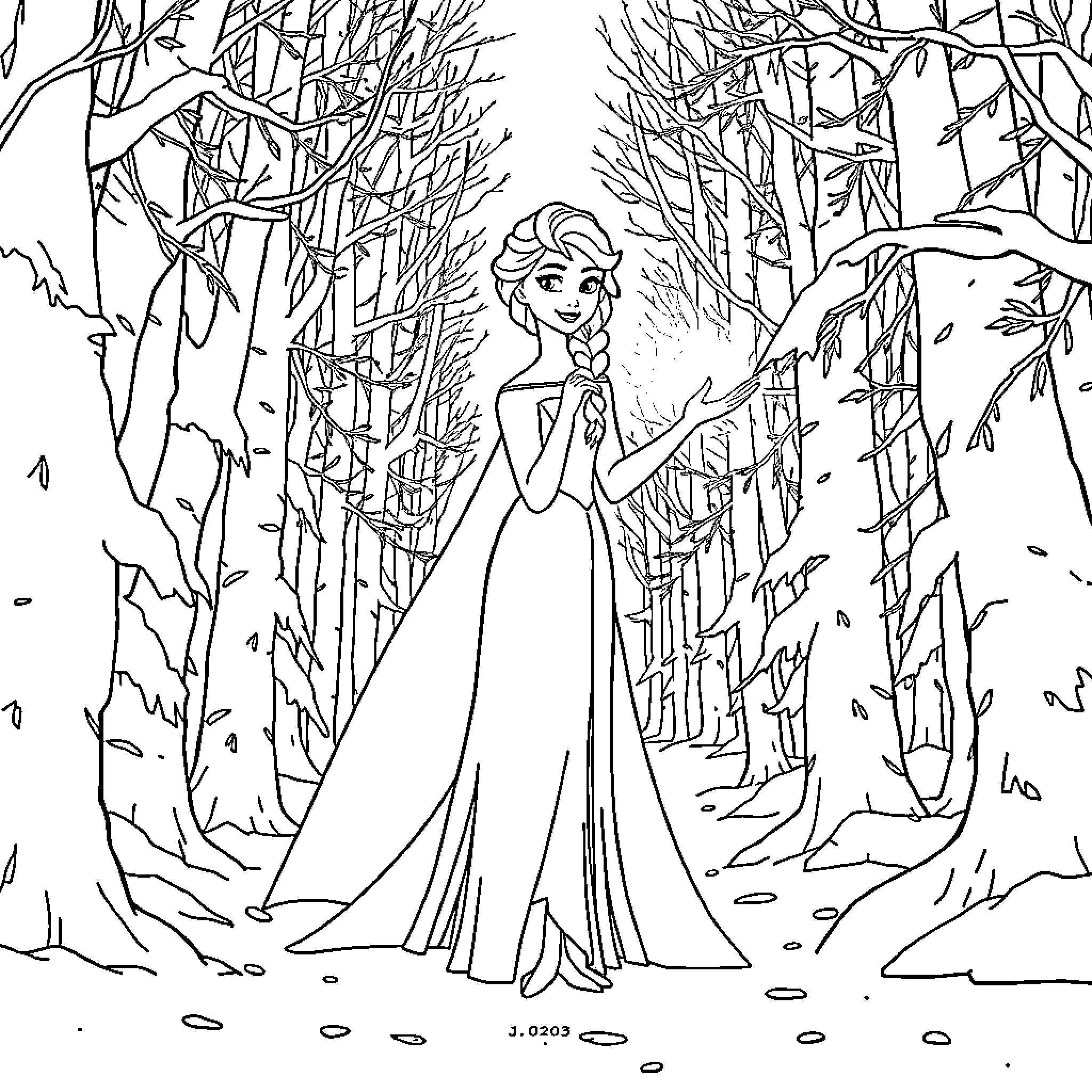 Elsa's Enchanted Winter Wonderland Coloring Page (free black-and-white line drawing printable PDF for all, from beginners to advanced learners, including children, teens, adults, and seniors)
