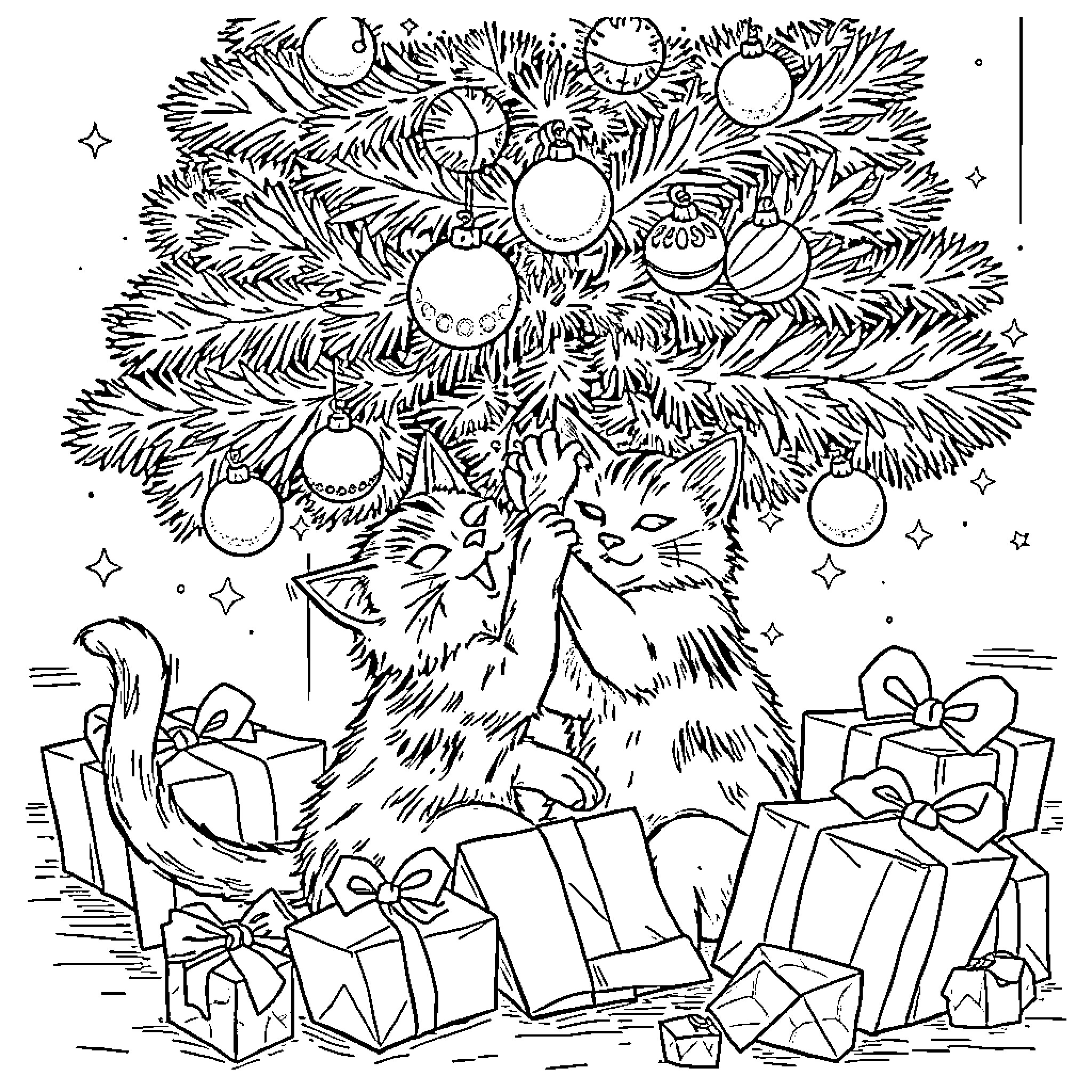 Cat admiring decorated Christmas tree with gifts Coloring Page (free black-and-white line drawing printable PDF for all, from beginners to advanced learners, including children, teens, adults, and seniors)