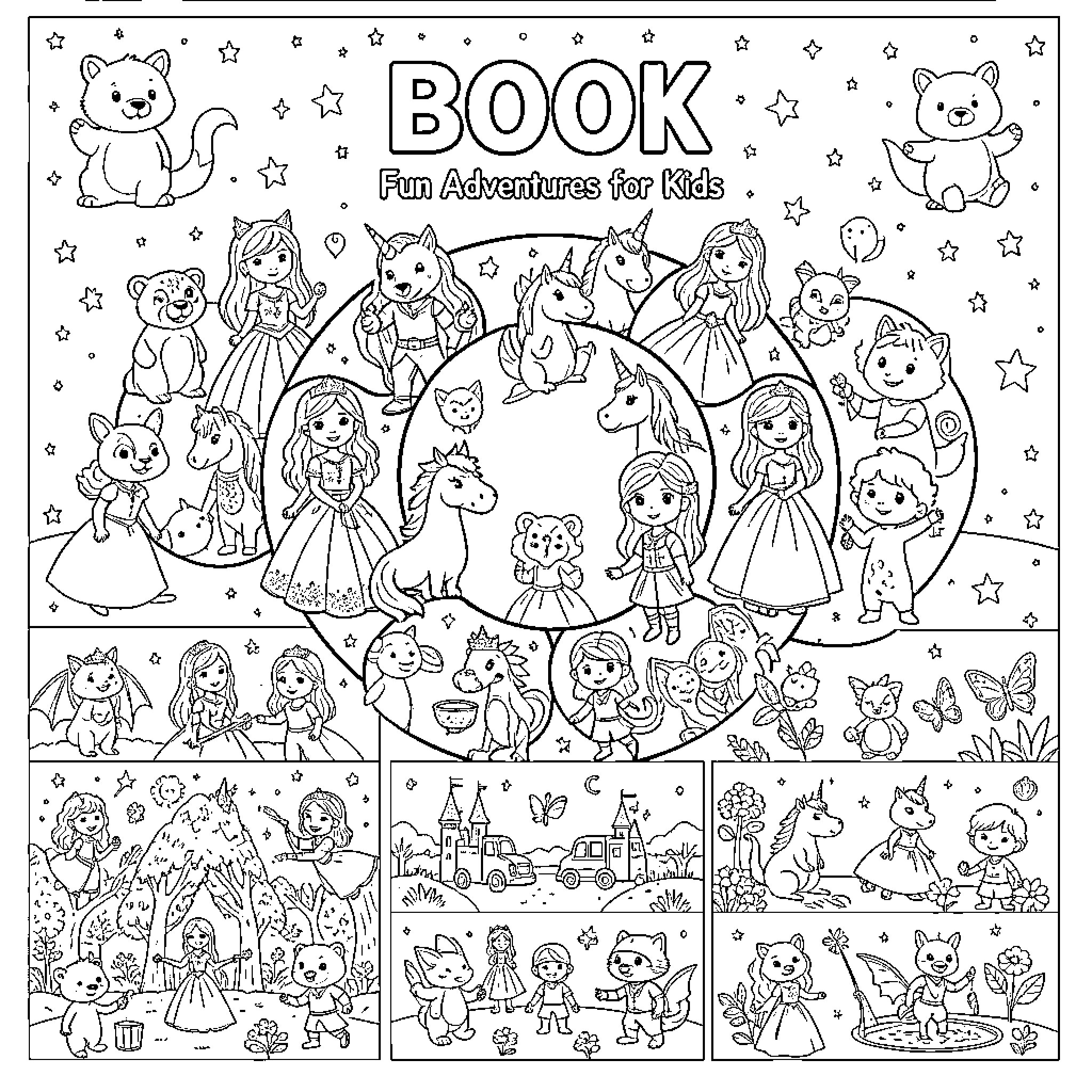 Fantasy Character gathering with magical creatures and fairies Coloring Page (free black-and-white line drawing printable PDF for all, from beginners to advanced learners, including children, teens, adults, and seniors)
