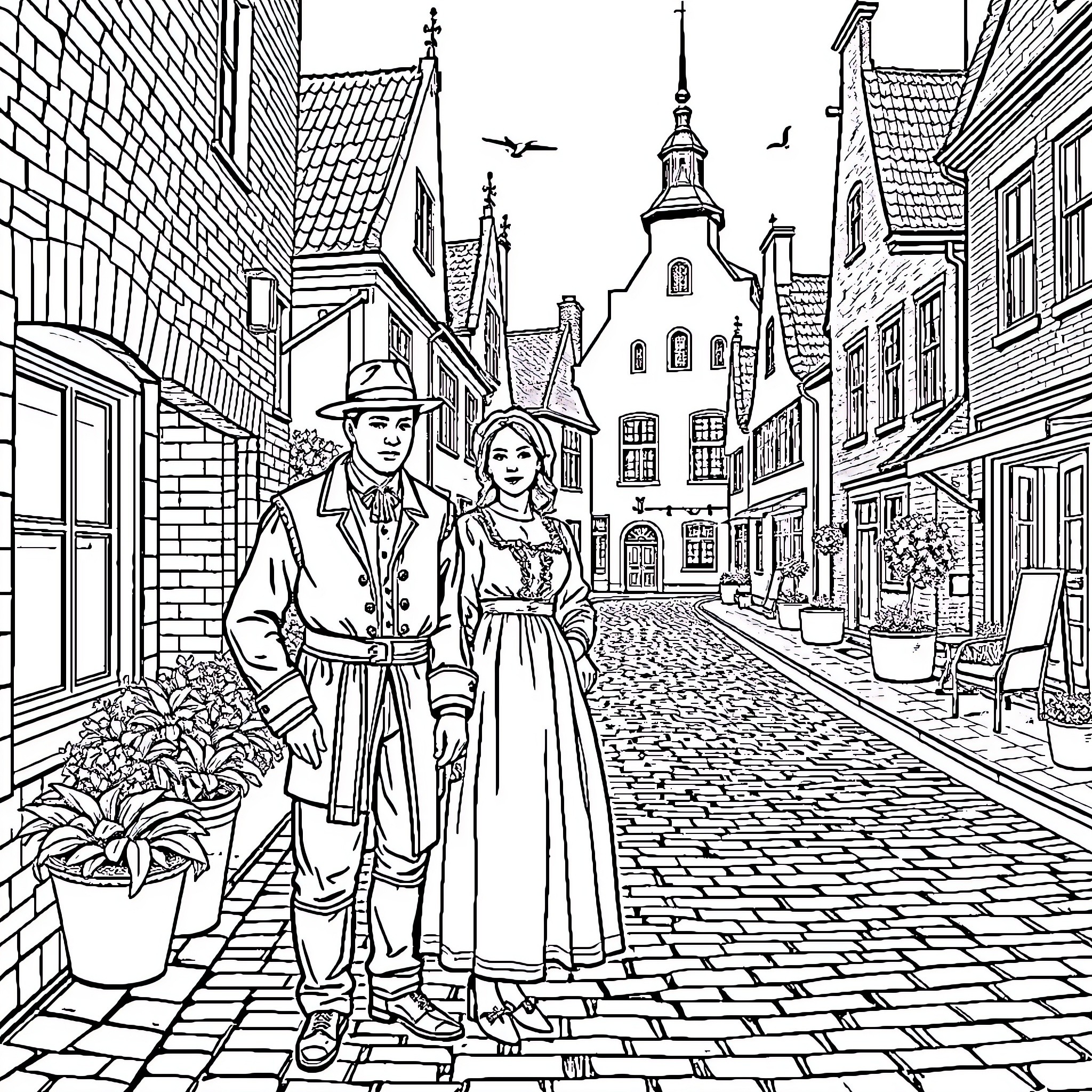 Dutch Couple Strolling Through a Historic Town Coloring Page (free black-and-white line drawing printable PDF for all, from beginners to advanced learners, including children, teens, adults, and seniors)