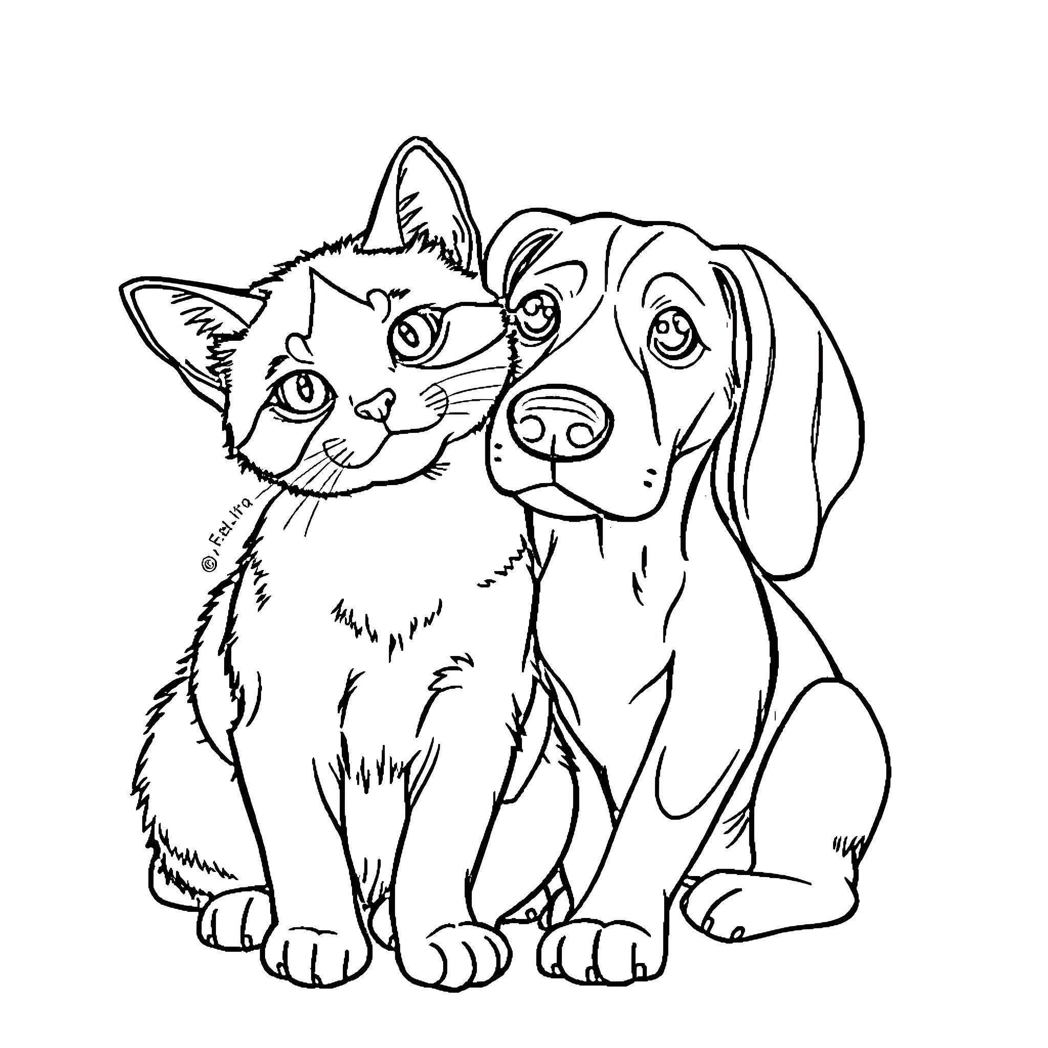 Cat and Dog Friends Coloring Page (free black-and-white line drawing printable PDF for all, from beginners to advanced learners, including children, teens, adults, and seniors)