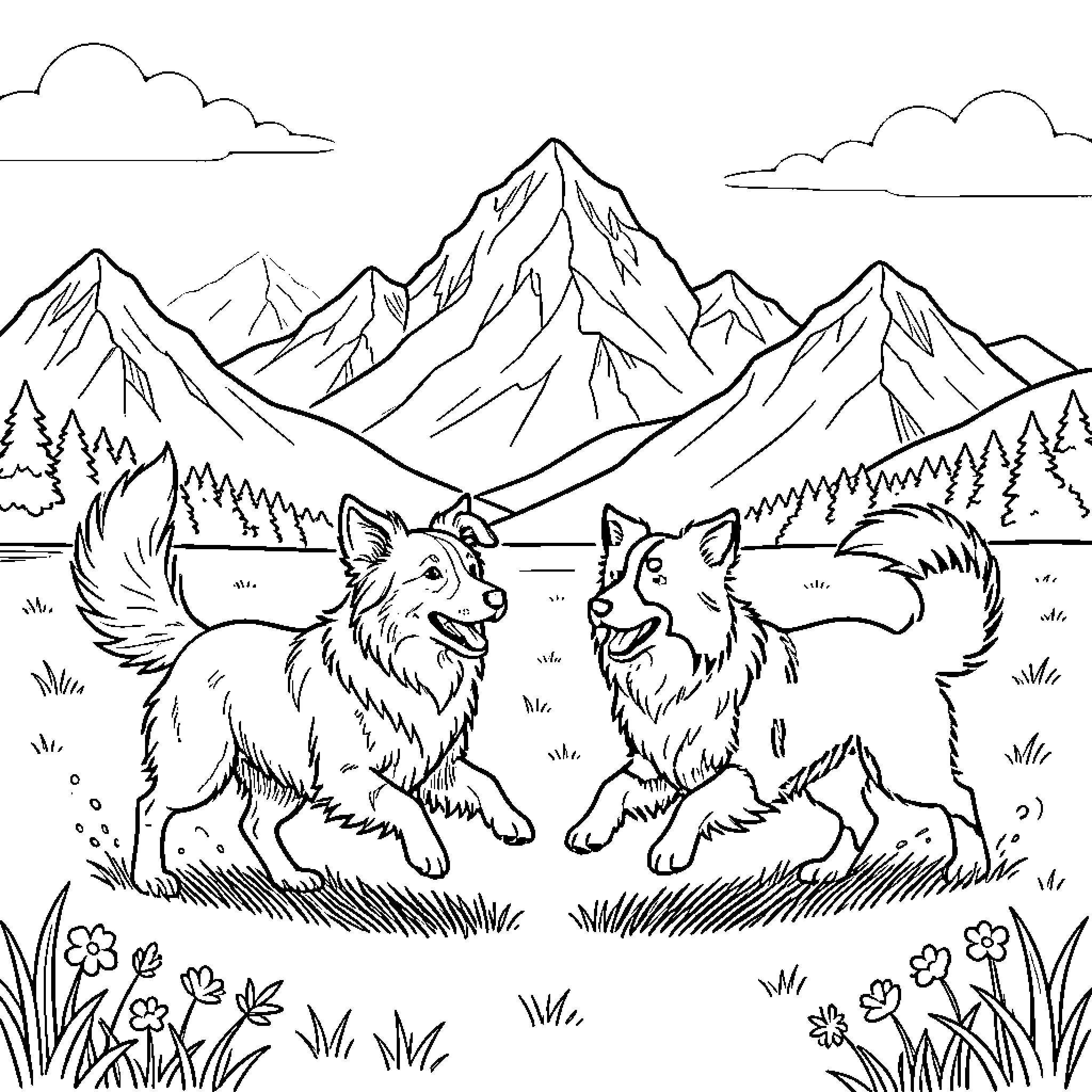 Perro jugando alegremente en la montaña Coloring Page (free black-and-white line drawing printable PDF for all, from beginners to advanced learners, including children, teens, adults, and seniors)