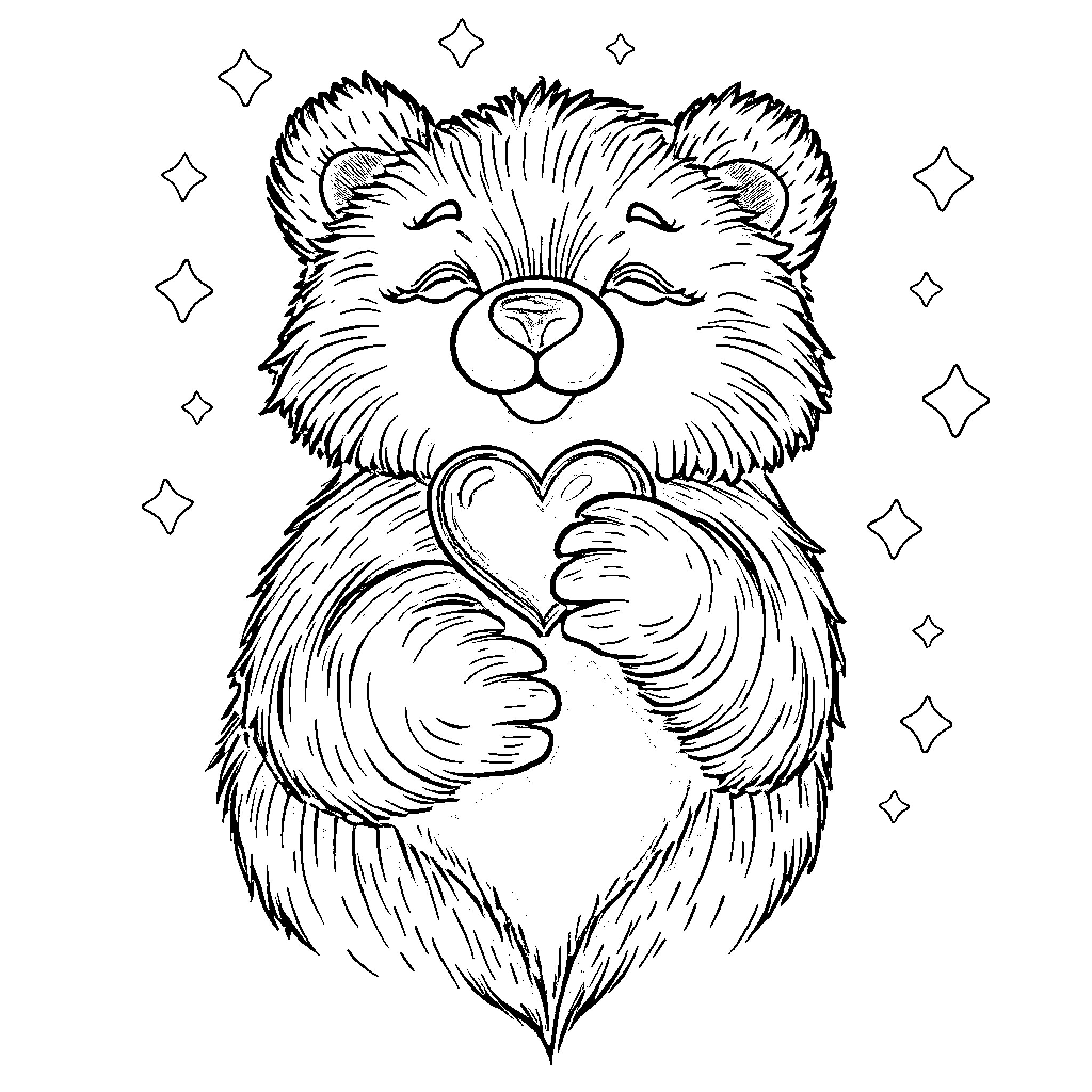 Bear holding a heart with stars Coloring Page (free black-and-white line drawing printable PDF for all, from beginners to advanced learners, including children, teens, adults, and seniors)