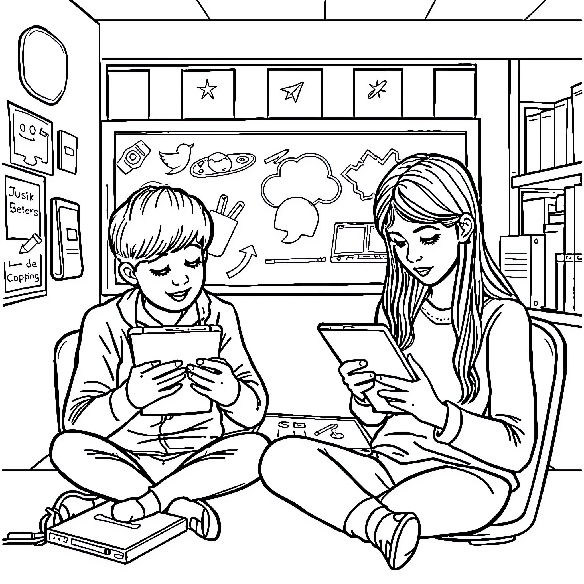 Technology toys enjoyed by children in the classroom Coloring Page (free black-and-white line drawing printable PDF for all, from beginners to advanced learners, including children, teens, adults, and seniors)
