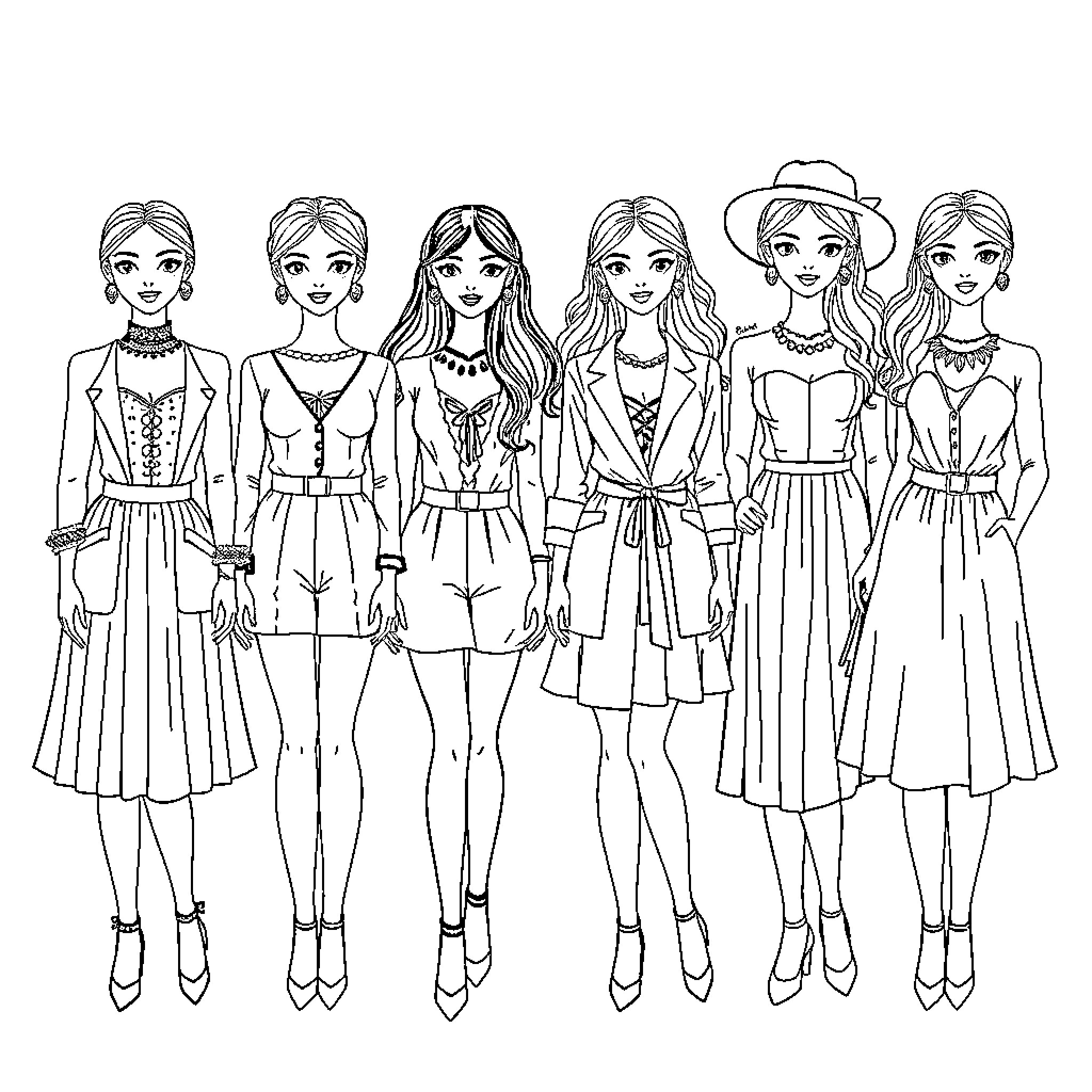 Dolls in Diverse Fashion Styles Coloring Page (free black-and-white line drawing printable PDF for all, from beginners to advanced learners, including children, teens, adults, and seniors)