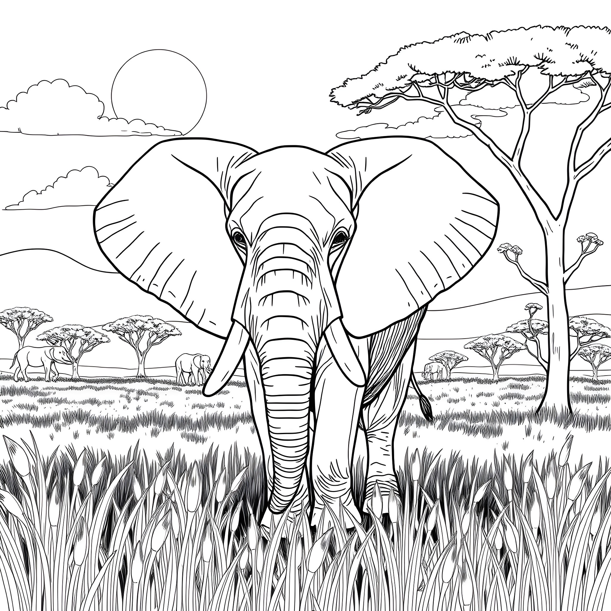 Elephant standing tall in the African savanna Coloring Page (free black-and-white line drawing printable PDF for all, from beginners to advanced learners, including children, teens, adults, and seniors)