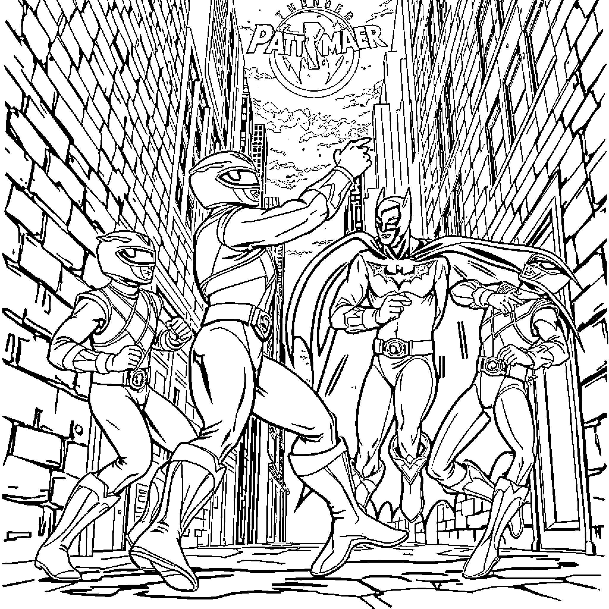 Power Ranger Superheroes in Action-Packed City Scene Coloring Page (free black-and-white line drawing printable PDF for all, from beginners to advanced learners, including children, teens, adults, and seniors)