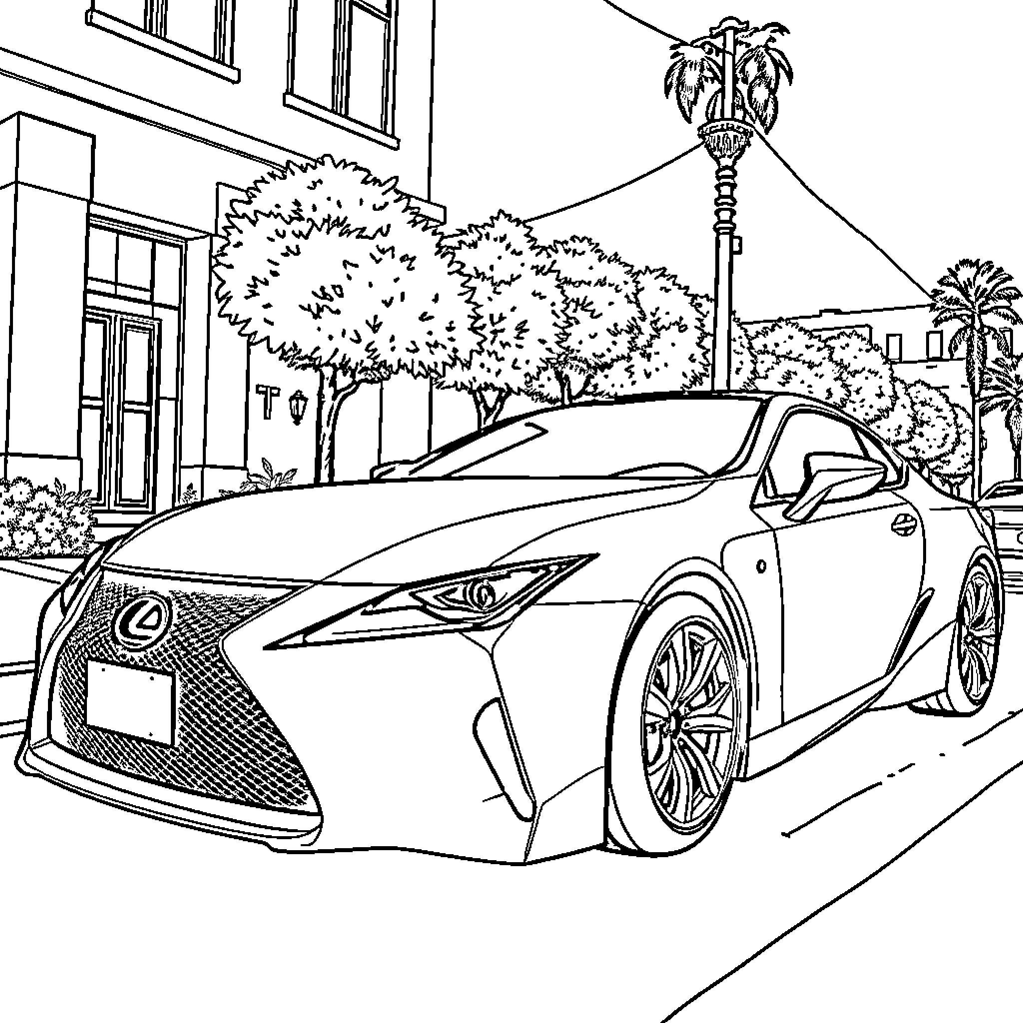 Lexus luxury car on city street Coloring Page (free black-and-white line drawing printable PDF for all, from beginners to advanced learners, including children, teens, adults, and seniors)