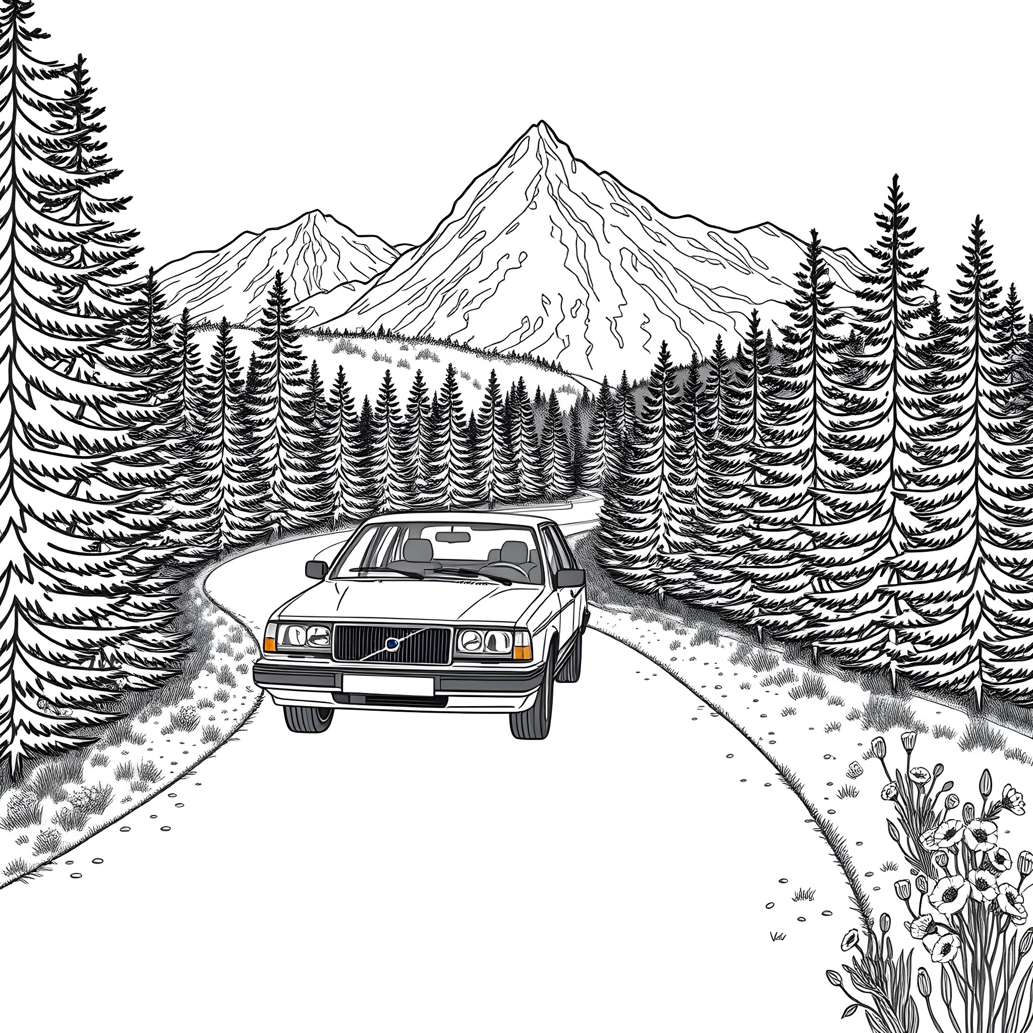 Volvo driving through serene mountain landscape Coloring Page (free black-and-white line drawing printable PDF for all, from beginners to advanced learners, including children, teens, adults, and seniors)
