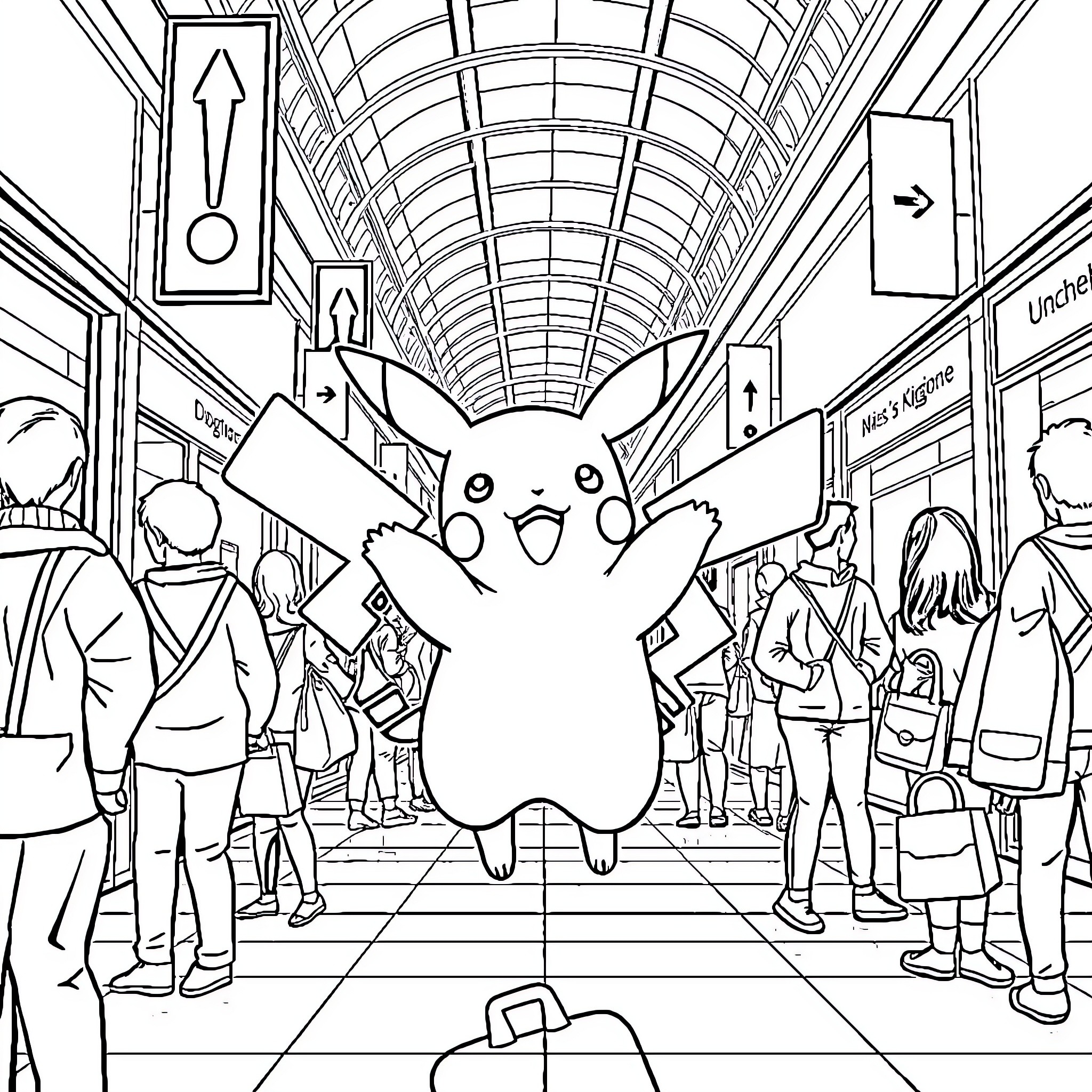 Pikachu adventures through a bustling city subway Coloring Page (free black-and-white line drawing printable PDF for all, from beginners to advanced learners, including children, teens, adults, and seniors)