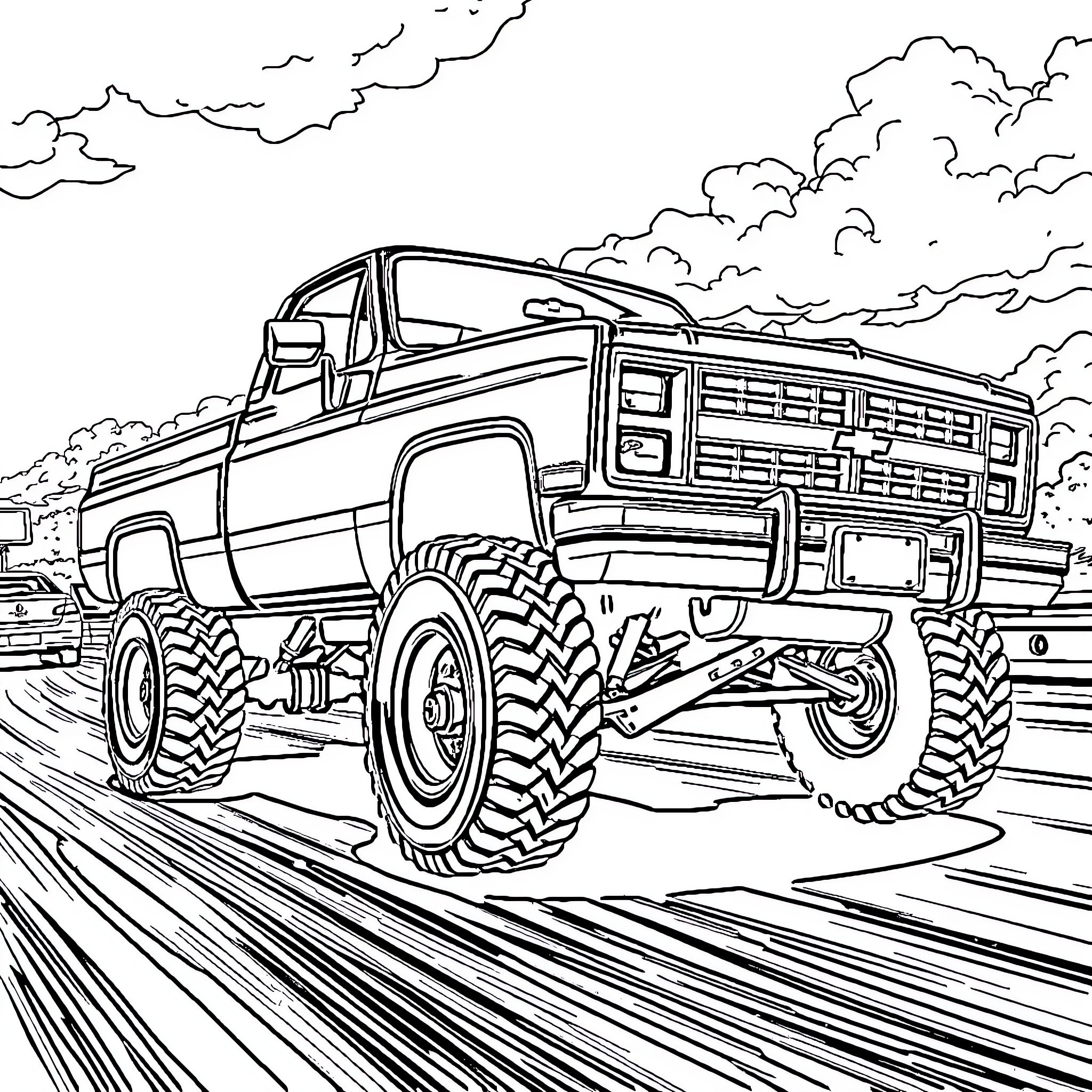 Chevy Truck Cruising Through Rugged Terrain Coloring Page (free black-and-white line drawing printable PDF for all, from beginners to advanced learners, including children, teens, adults, and seniors)