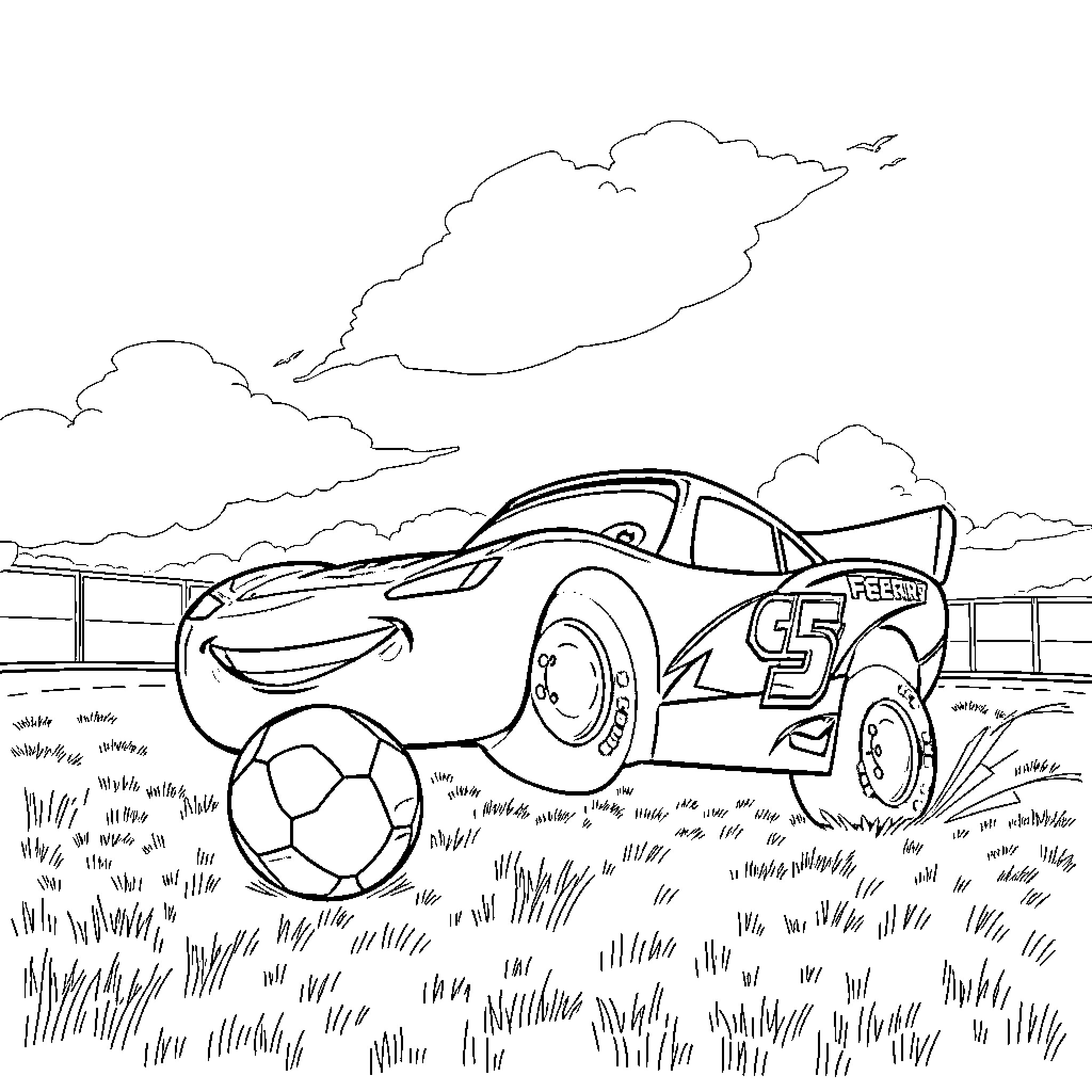 McQueen's Playful Adventure on the Field Coloring Page (free black-and-white line drawing printable PDF for all, from beginners to advanced learners, including children, teens, adults, and seniors)