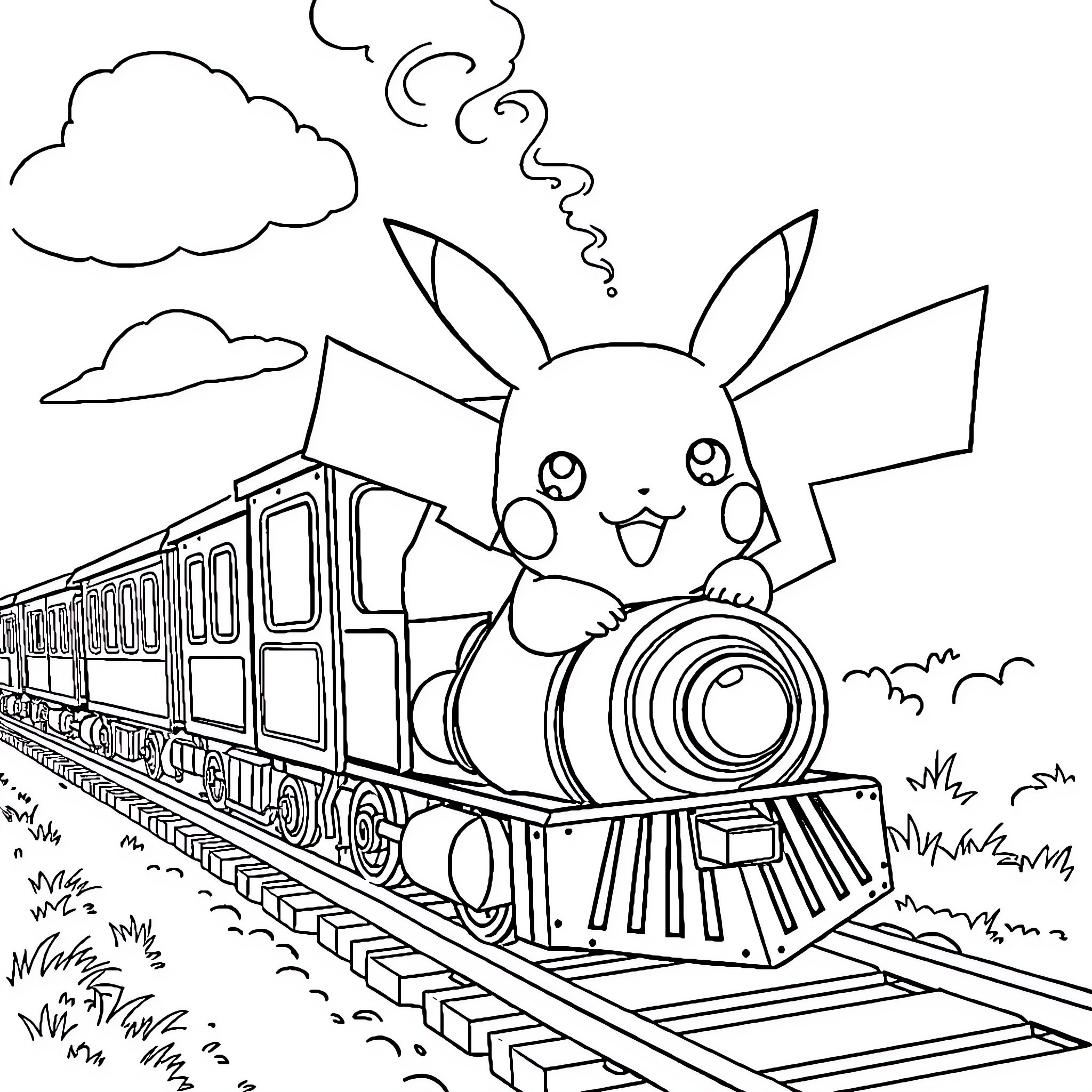 Pikachu riding a train through the countryside Coloring Page (free black-and-white line drawing printable PDF for all, from beginners to advanced learners, including children, teens, adults, and seniors)