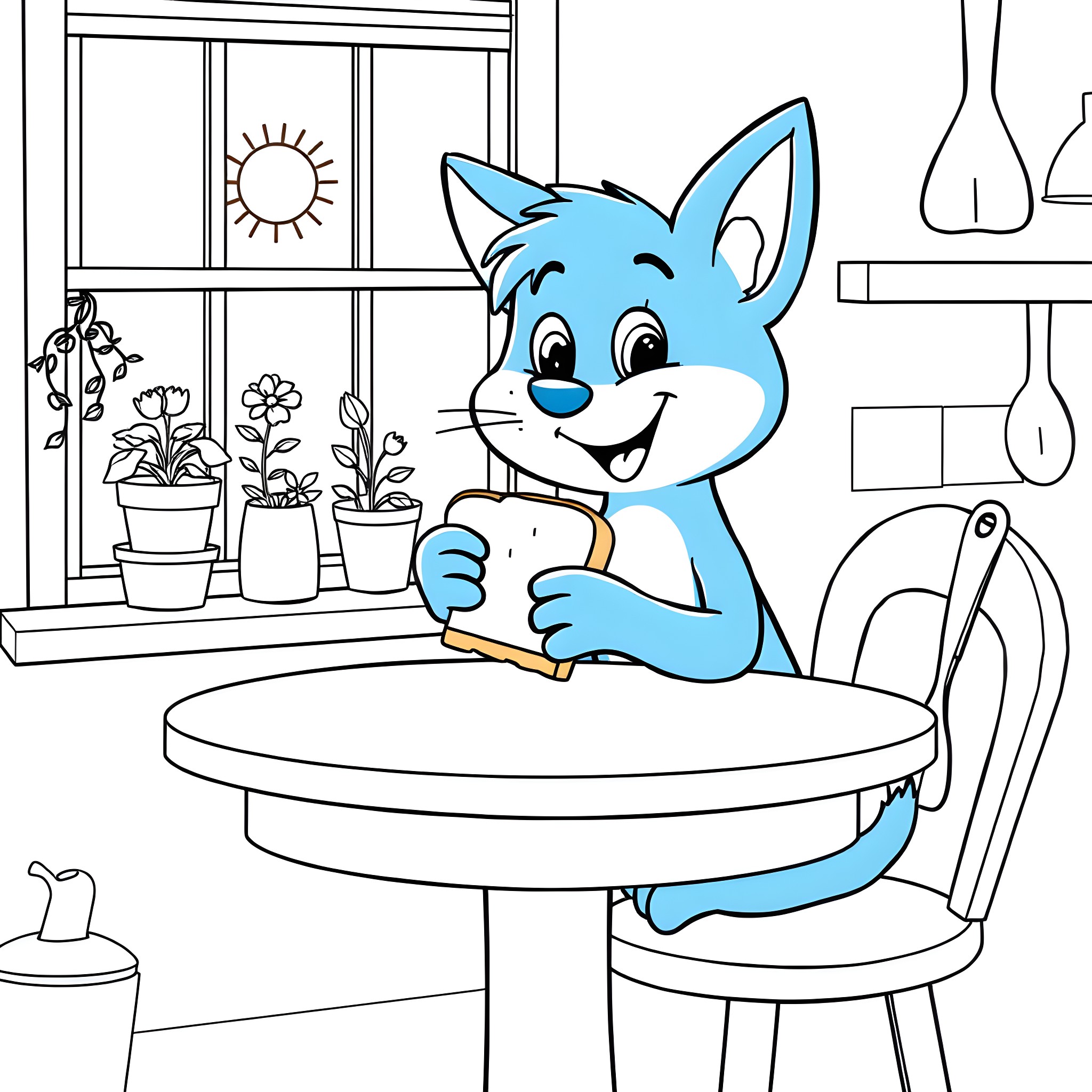Bluey in a cozy home setting Coloring Page (free black-and-white line drawing printable PDF for all, from beginners to advanced learners, including children, teens, adults, and seniors)