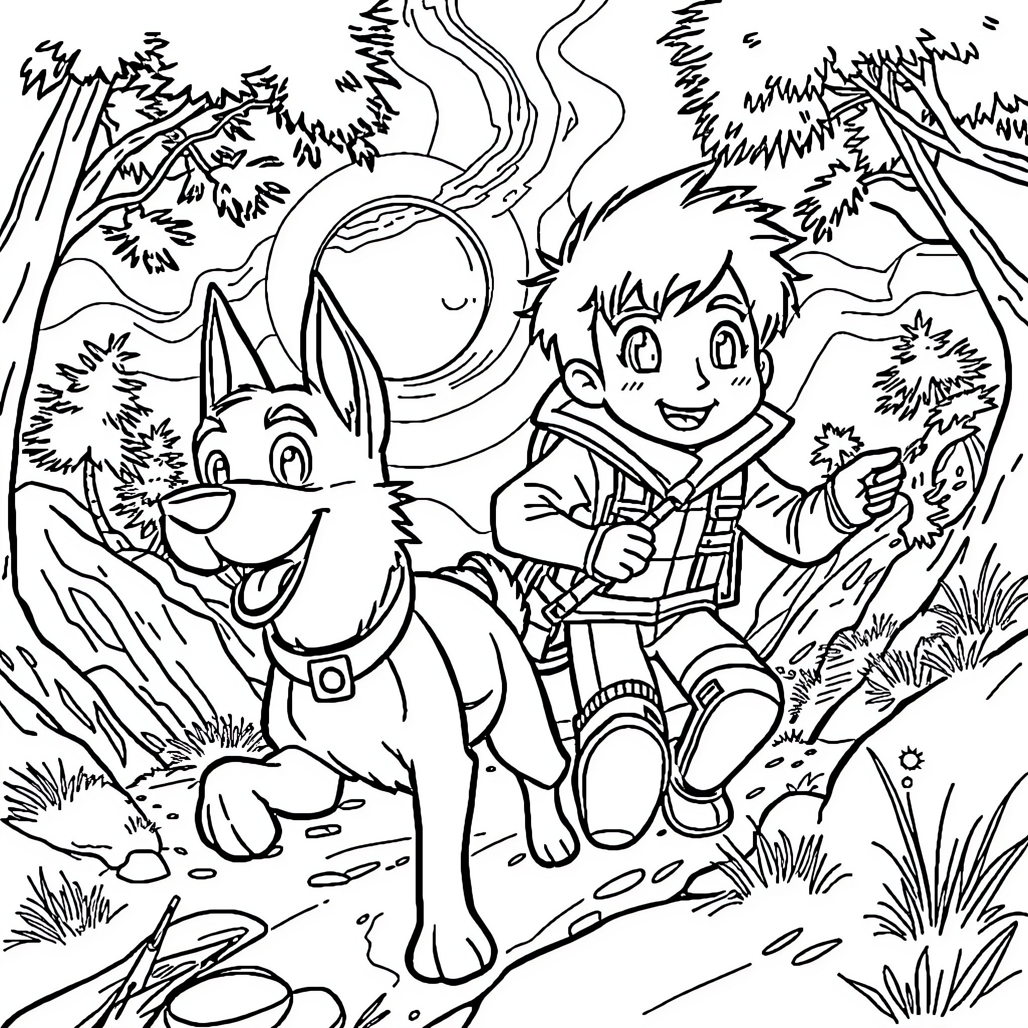 Johnny Test exploring the enchanting forest with his loyal dog Coloring Page (free black-and-white line drawing printable PDF for all, from beginners to advanced learners, including children, teens, adults, and seniors)